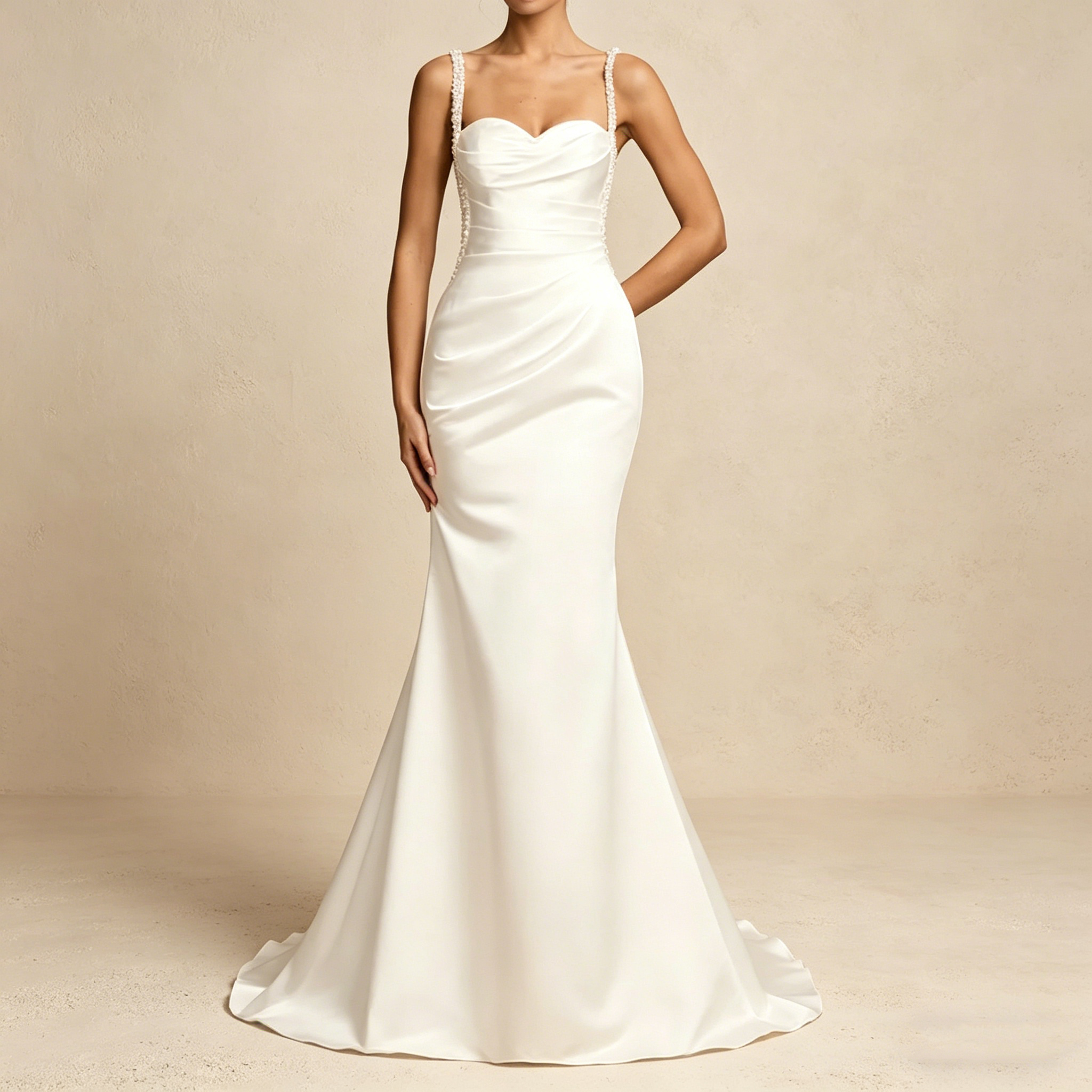 Elegantes Maxikleid mit tiefem V-Ausschnitt und filigraner Spitze – Langärmeliges Abendkleid in Elfenbein