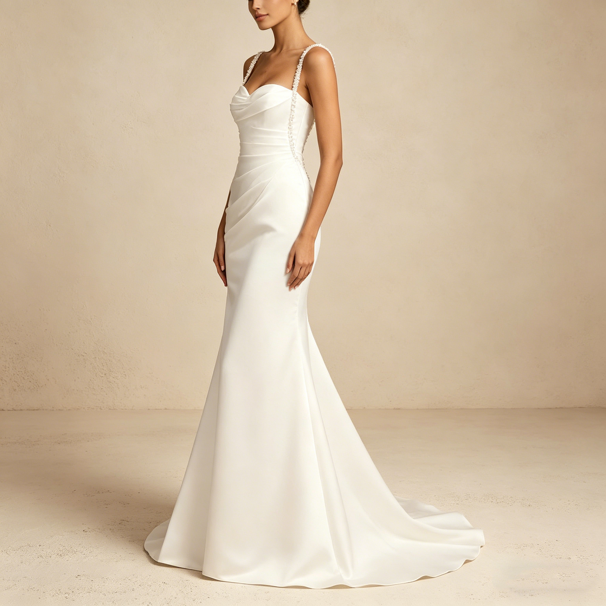 Elegantes Maxikleid mit tiefem V-Ausschnitt und filigraner Spitze – Langärmeliges Abendkleid in Elfenbein