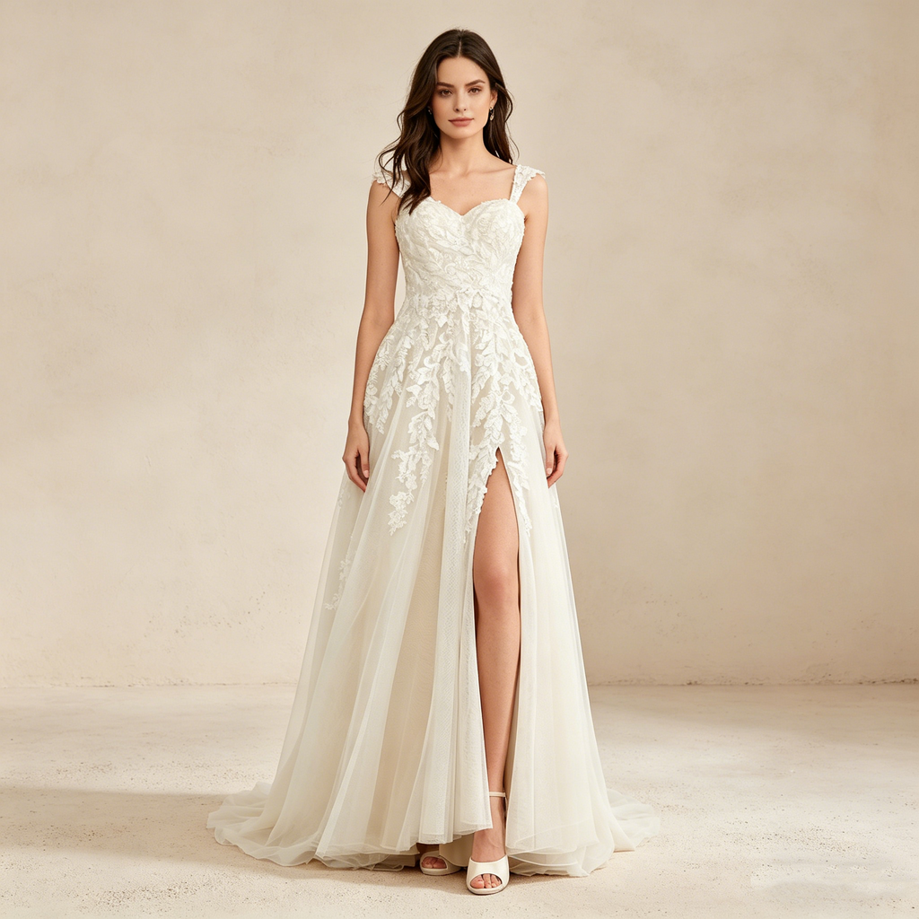Ärmelloses Maxikleid mit Herz-Ausschnitt und floraler Spitze – Elegantes Abendkleid mit Beinschlitz in Elfenbein