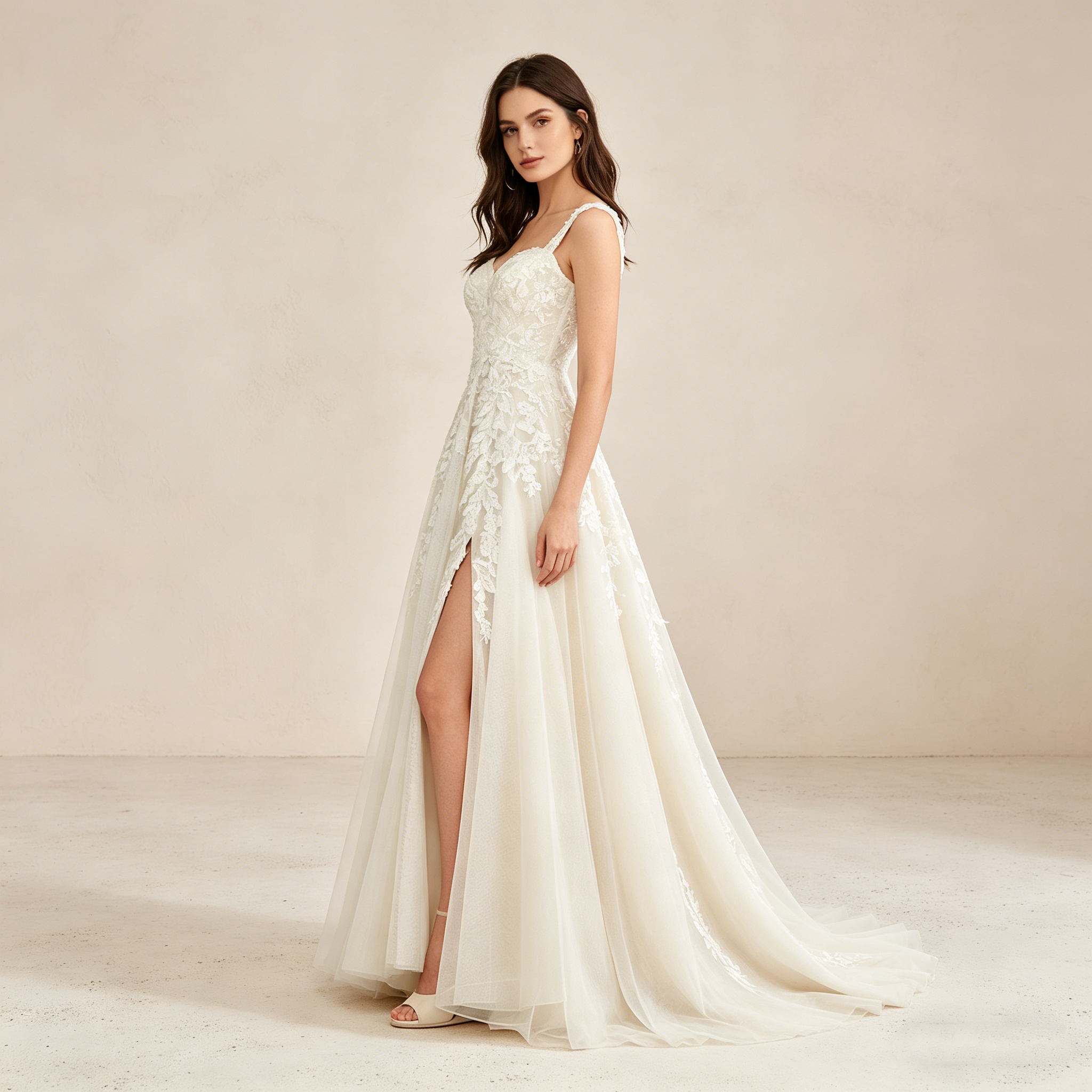 Ärmelloses Maxikleid mit Herz-Ausschnitt und floraler Spitze – Elegantes Abendkleid mit Beinschlitz in Elfenbein