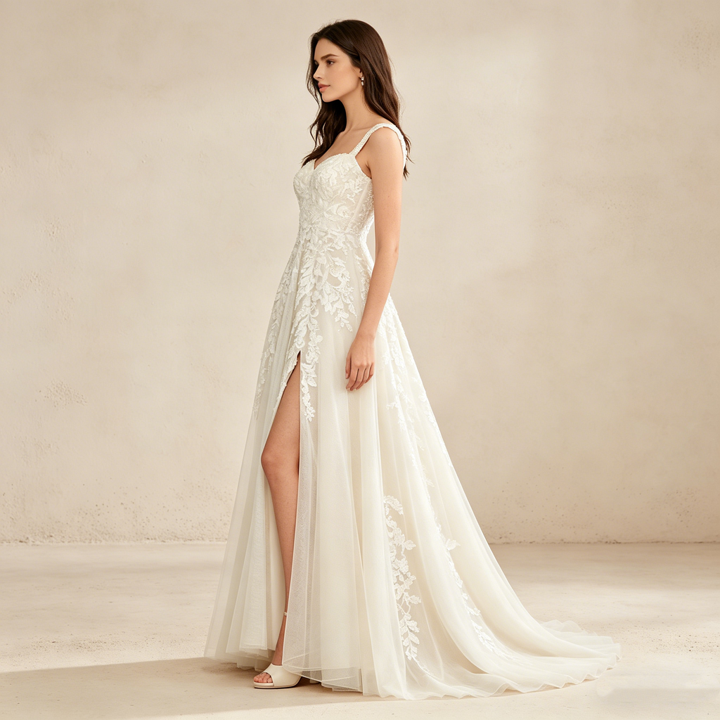 Ärmelloses Maxikleid mit Herz-Ausschnitt und floraler Spitze – Elegantes Abendkleid mit Beinschlitz in Elfenbein