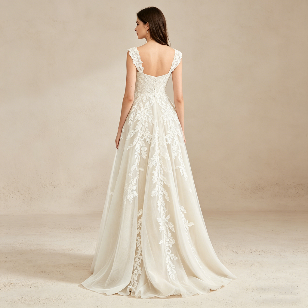 Ärmelloses Maxikleid mit Herz-Ausschnitt und floraler Spitze – Elegantes Abendkleid mit Beinschlitz in Elfenbein