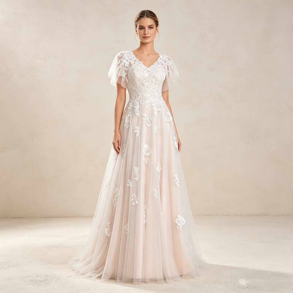 Maxikleid mit V-Ausschnitt und floraler Bestickung – Elegantes Abendkleid mit flatternden Flügelärmeln (Elfenbein)