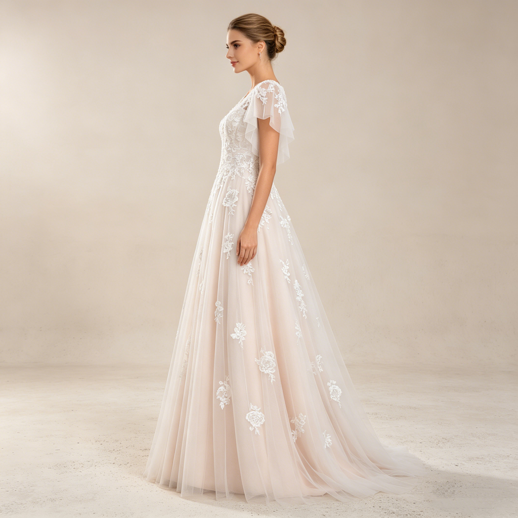 Maxikleid mit V-Ausschnitt und floraler Bestickung – Elegantes Abendkleid mit flatternden Flügelärmeln (Elfenbein)