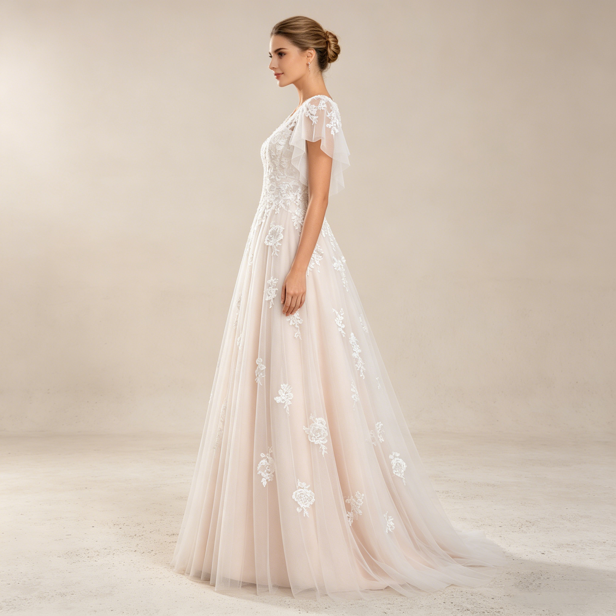 Maxikleid mit V-Ausschnitt und floraler Bestickung – Elegantes Abendkleid mit flatternden Flügelärmeln (Elfenbein)