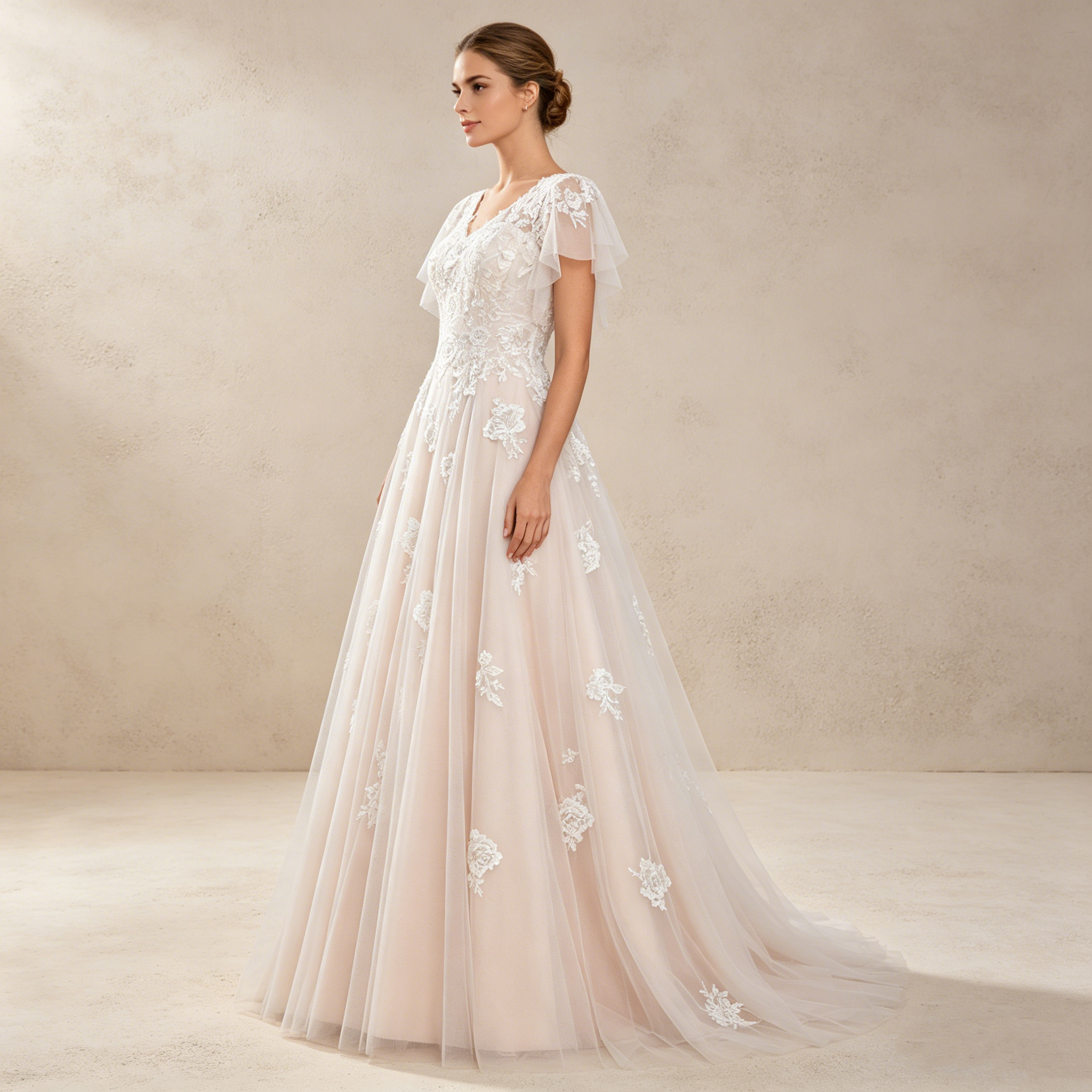 Maxikleid mit V-Ausschnitt und floraler Bestickung – Elegantes Abendkleid mit flatternden Flügelärmeln (Elfenbein)