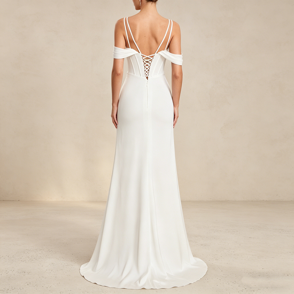 Elegantes Maxikleid mit Korsett-Oberteil und hohem Beinschlitz – Schulterfreies Abendkleid in Off-White
