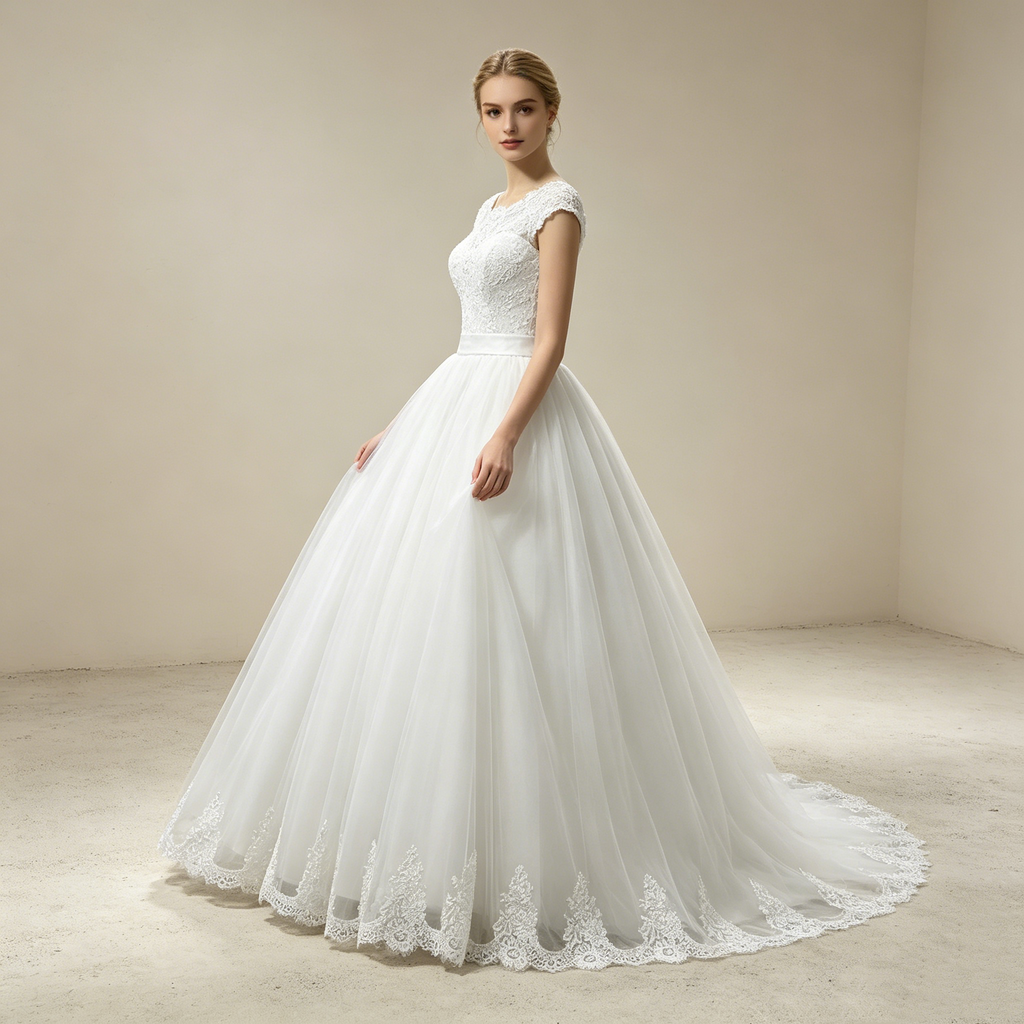 Prachtvolles Tüll-Kleid in Weiß: Voluminöse Ballrobe mit Jewel-Neck und kunstvoller Muschelkante