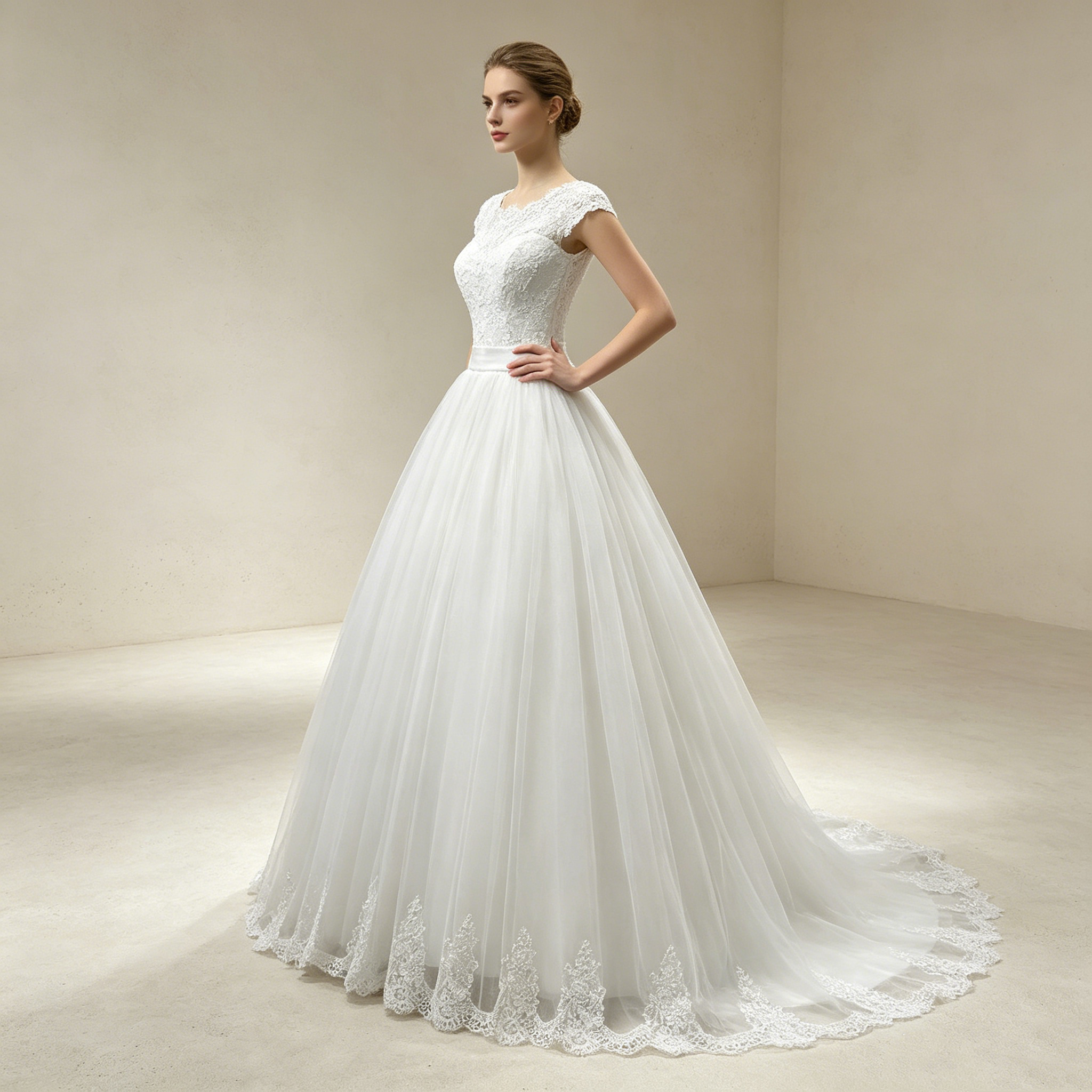 Prachtvolles Tüll-Kleid in Weiß: Voluminöse Ballrobe mit Jewel-Neck und kunstvoller Muschelkante