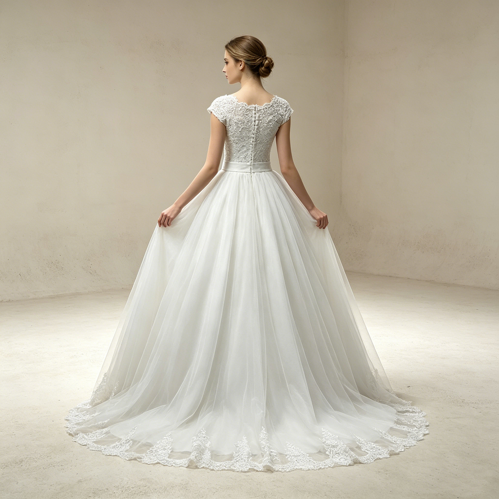 Prachtvolles Tüll-Kleid in Weiß: Voluminöse Ballrobe mit Jewel-Neck und kunstvoller Muschelkante