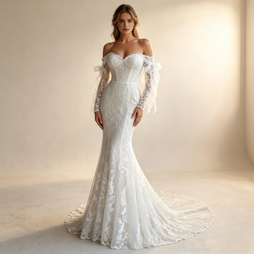 Aristokratische Spitzenrobe: Figurbetontes Mermaid-Kleid mit langen Ärmeln und eleganter Knopfleiste am Rücken