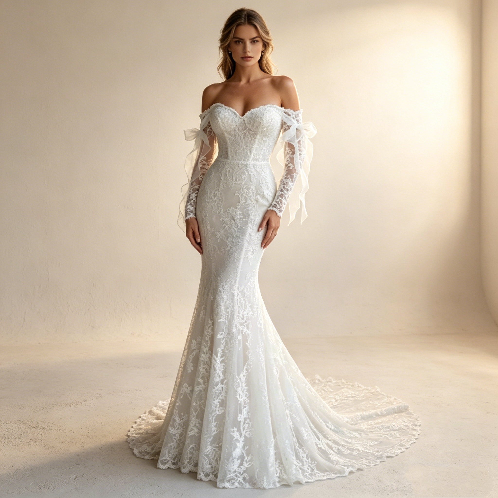 Aristokratische Spitzenrobe: Figurbetontes Mermaid-Kleid mit langen Ärmeln und eleganter Knopfleiste am Rücken
