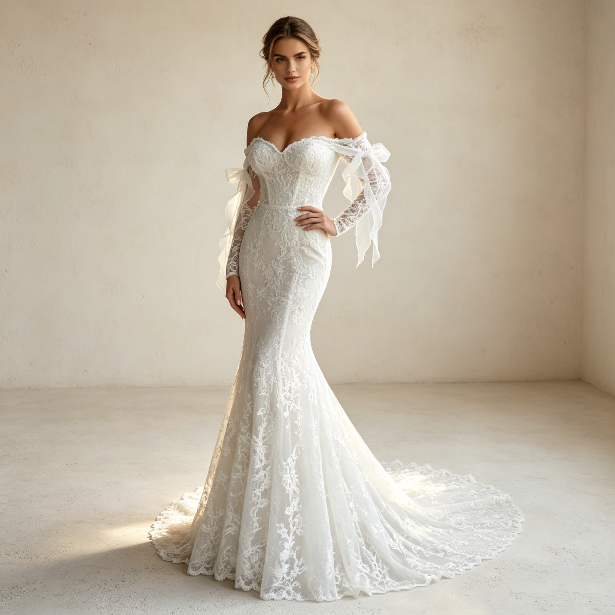 Aristokratische Spitzenrobe: Figurbetontes Mermaid-Kleid mit langen Ärmeln und eleganter Knopfleiste am Rücken