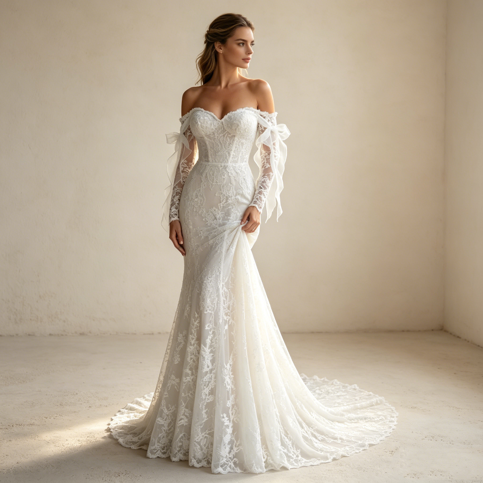 Aristokratische Spitzenrobe: Figurbetontes Mermaid-Kleid mit langen Ärmeln und eleganter Knopfleiste am Rücken