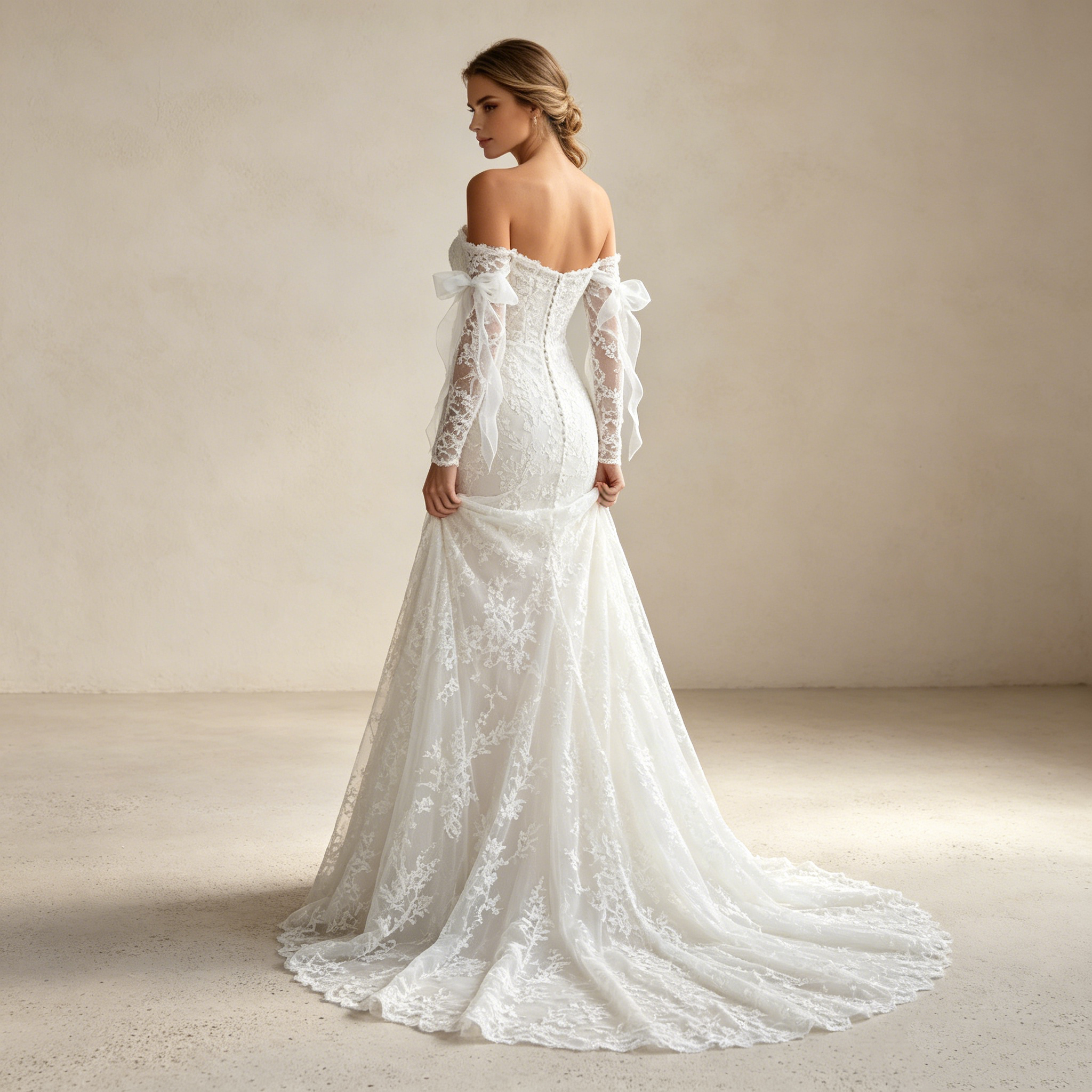 Aristokratische Spitzenrobe: Figurbetontes Mermaid-Kleid mit langen Ärmeln und eleganter Knopfleiste am Rücken