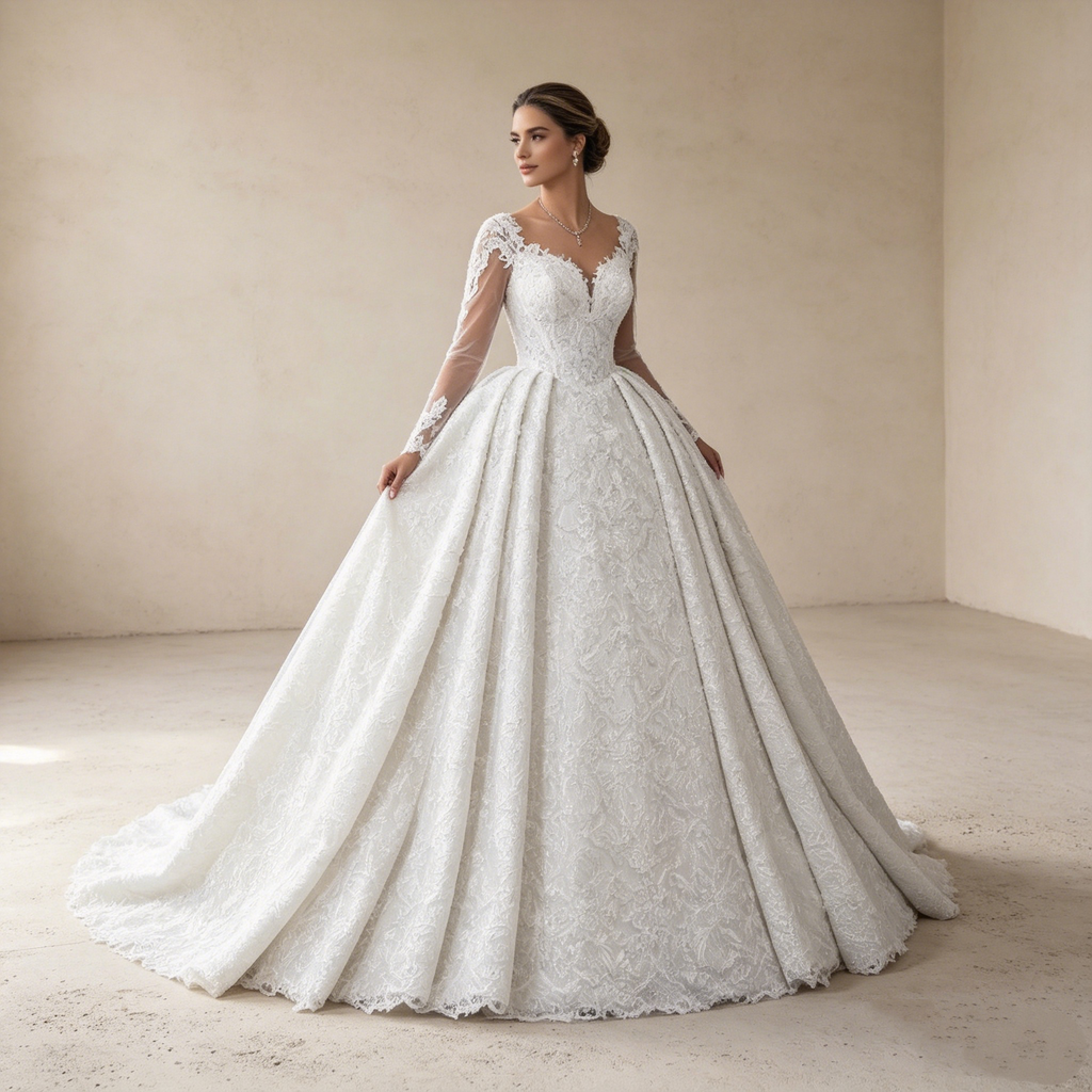 Luxuriöse Spitzen-Robe in A-Linie: Edles Design mit feinen Ärmeln für einen majestätischen Auftritt