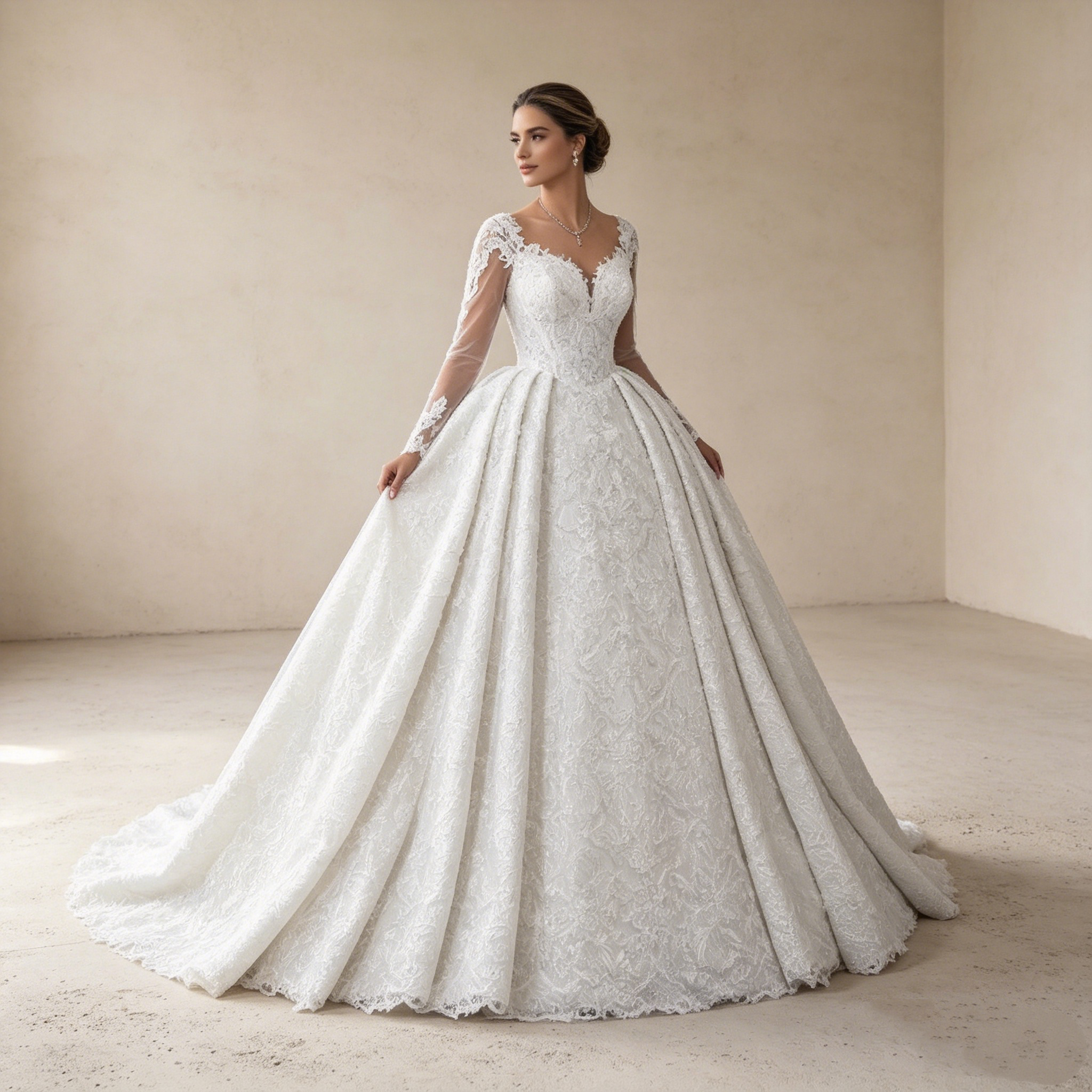 Luxuriöse Spitzen-Robe in A-Linie: Edles Design mit feinen Ärmeln für einen majestätischen Auftritt