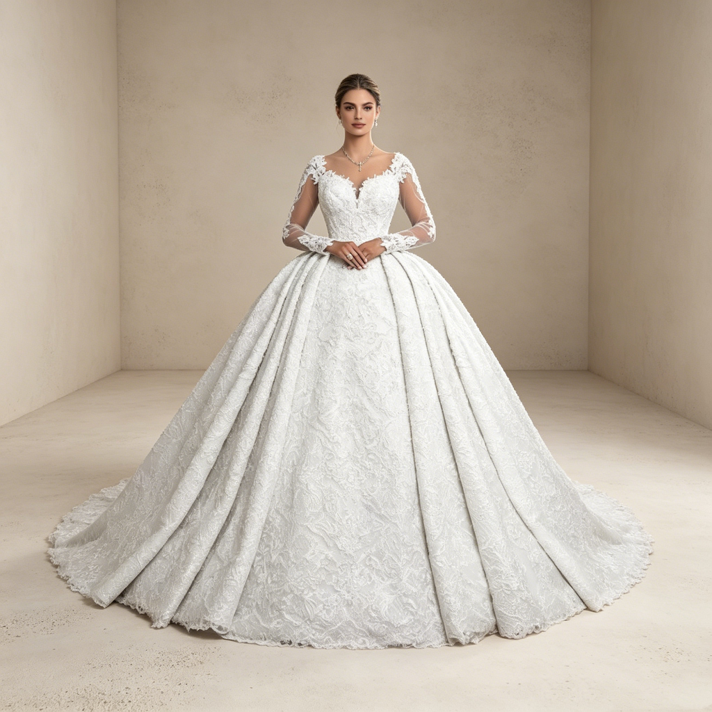 Luxuriöse Spitzen-Robe in A-Linie: Edles Design mit feinen Ärmeln für einen majestätischen Auftritt