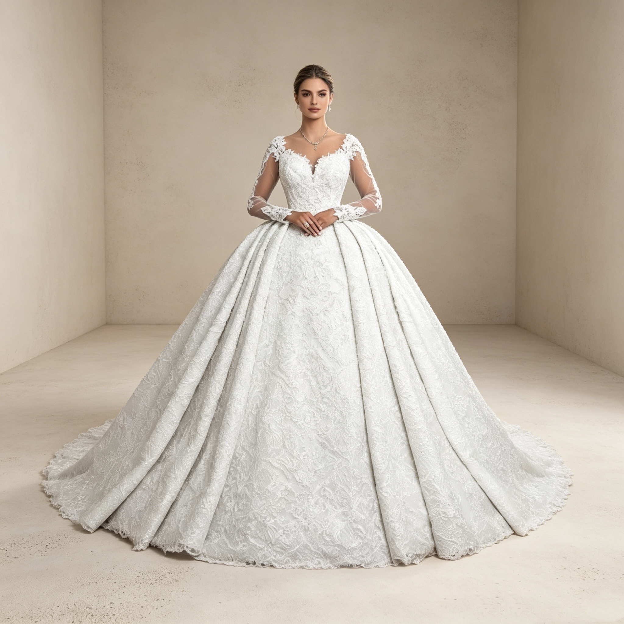 Luxuriöse Spitzen-Robe in A-Linie: Edles Design mit feinen Ärmeln für einen majestätischen Auftritt