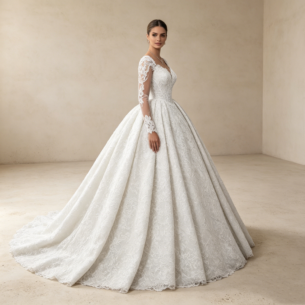 Luxuriöse Spitzen-Robe in A-Linie: Edles Design mit feinen Ärmeln für einen majestätischen Auftritt