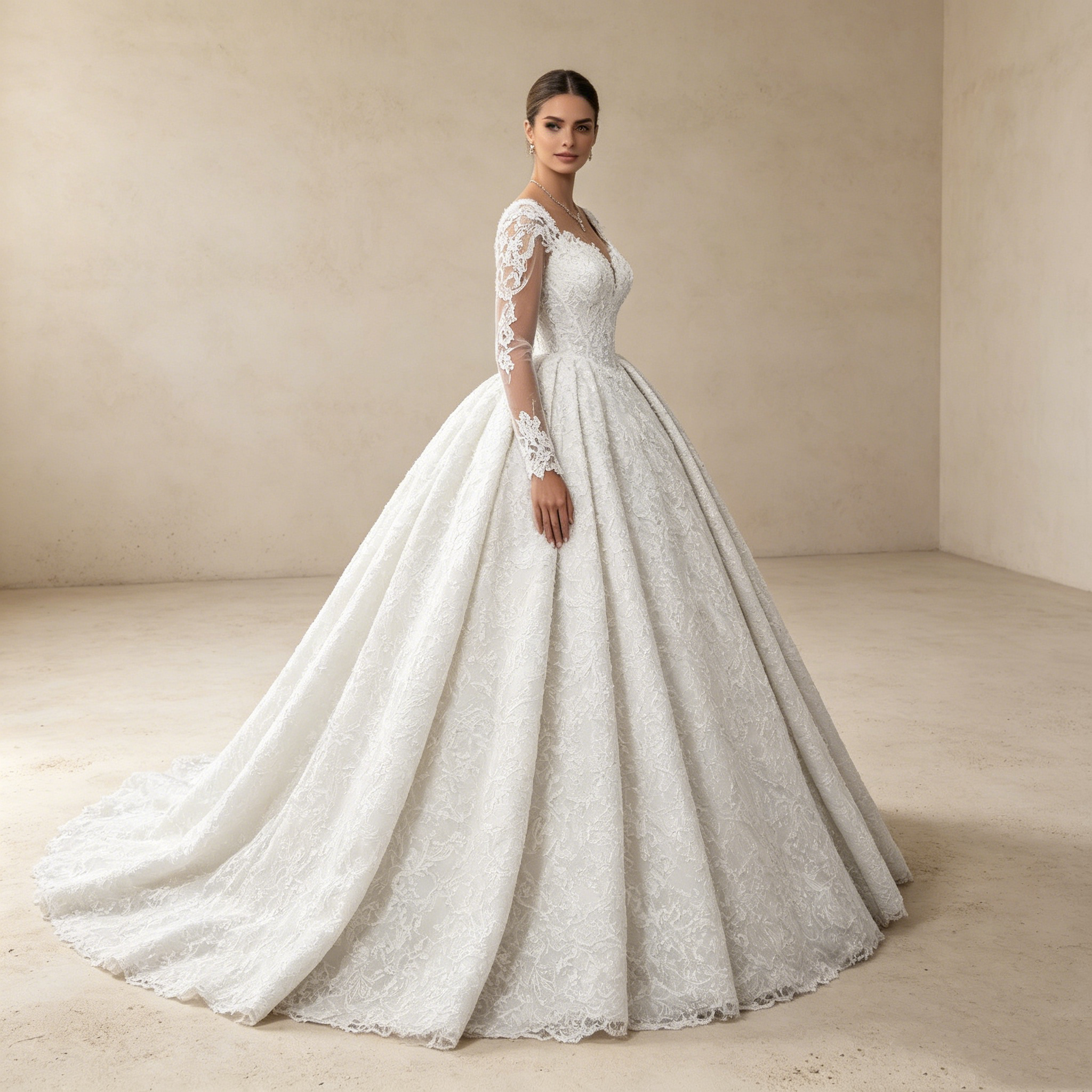 Luxuriöse Spitzen-Robe in A-Linie: Edles Design mit feinen Ärmeln für einen majestätischen Auftritt