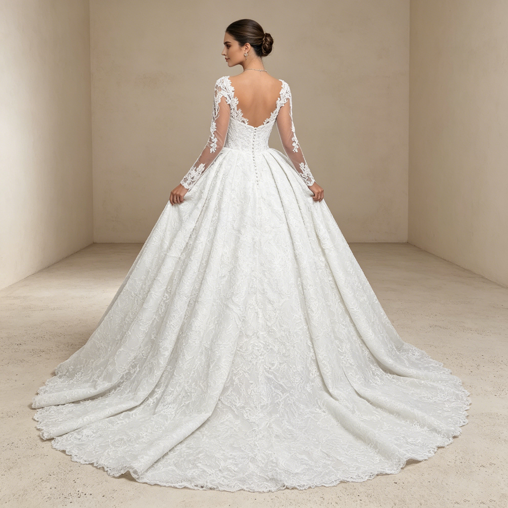 Luxuriöse Spitzen-Robe in A-Linie: Edles Design mit feinen Ärmeln für einen majestätischen Auftritt