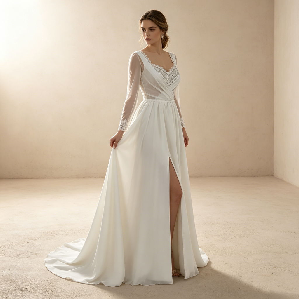 Moderne Chiffon-Robe in Weiß: Mermaid-Schnitt mit elegantem Beinschlitz und fließenden langen Ärmeln