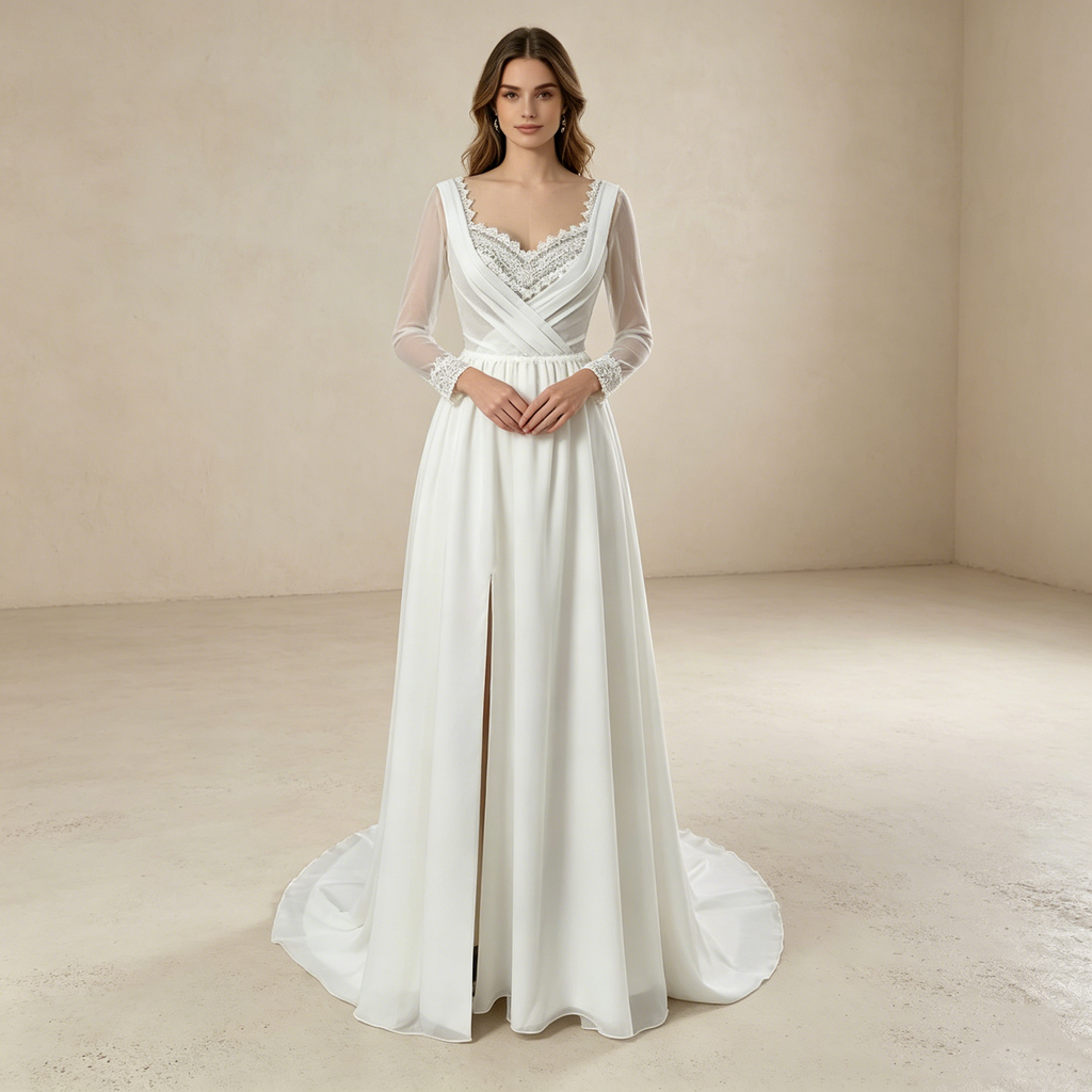 Moderne Chiffon-Robe in Weiß: Mermaid-Schnitt mit elegantem Beinschlitz und fließenden langen Ärmeln