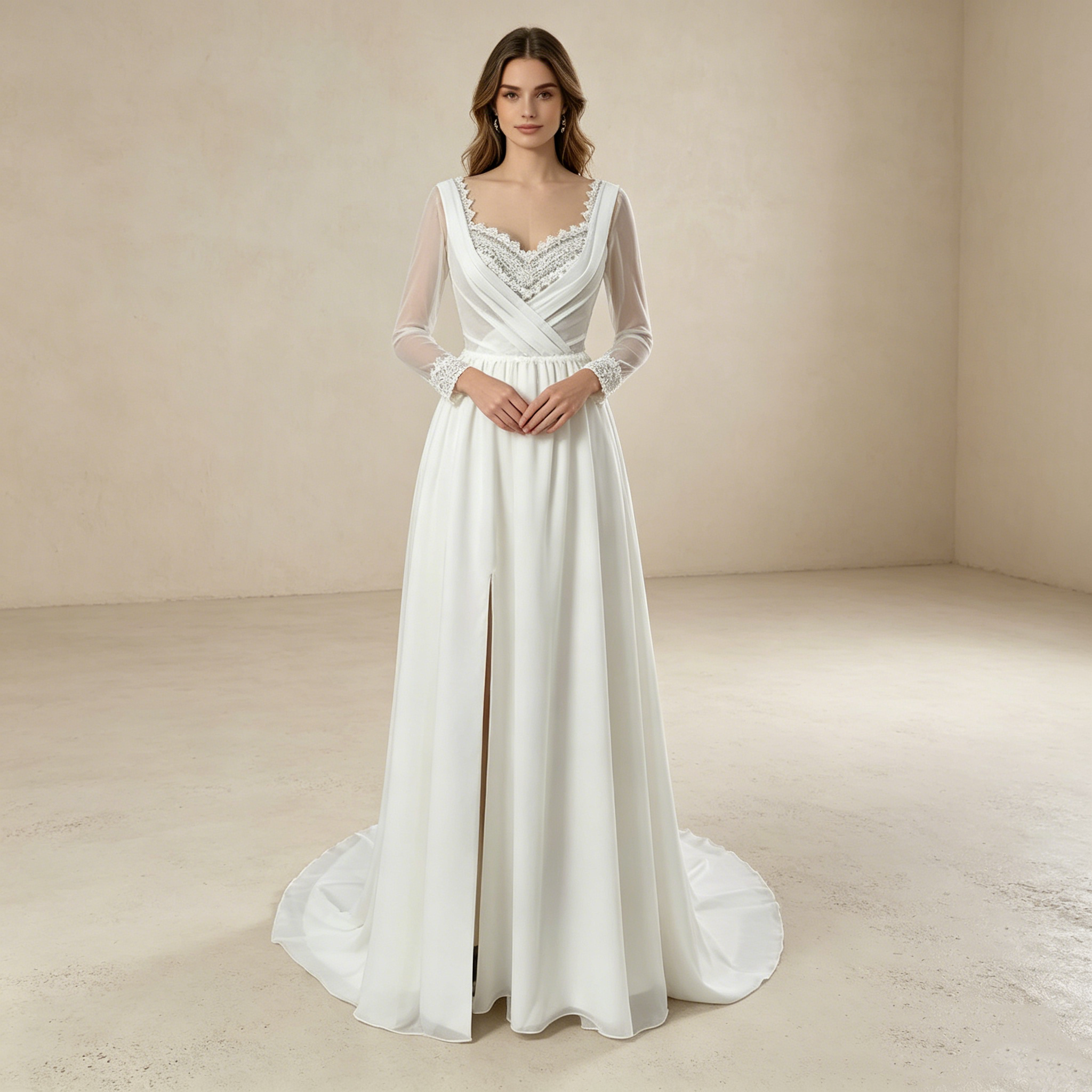 Moderne Chiffon-Robe in Weiß: Mermaid-Schnitt mit elegantem Beinschlitz und fließenden langen Ärmeln