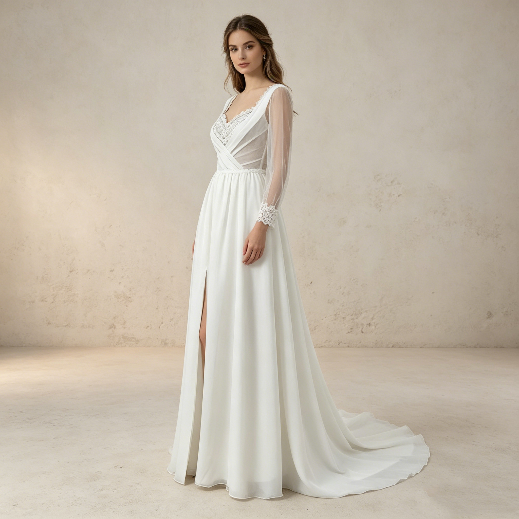 Moderne Chiffon-Robe in Weiß: Mermaid-Schnitt mit elegantem Beinschlitz und fließenden langen Ärmeln