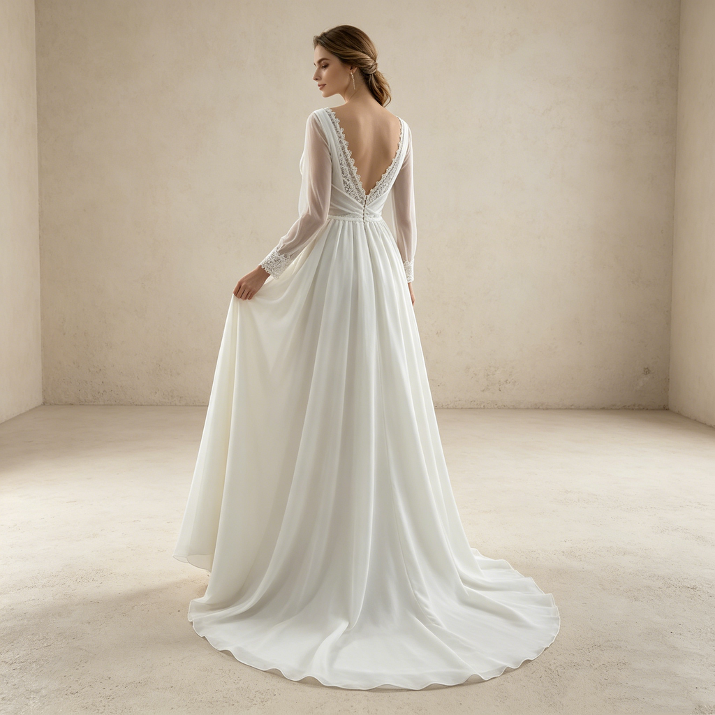 Moderne Chiffon-Robe in Weiß: Mermaid-Schnitt mit elegantem Beinschlitz und fließenden langen Ärmeln