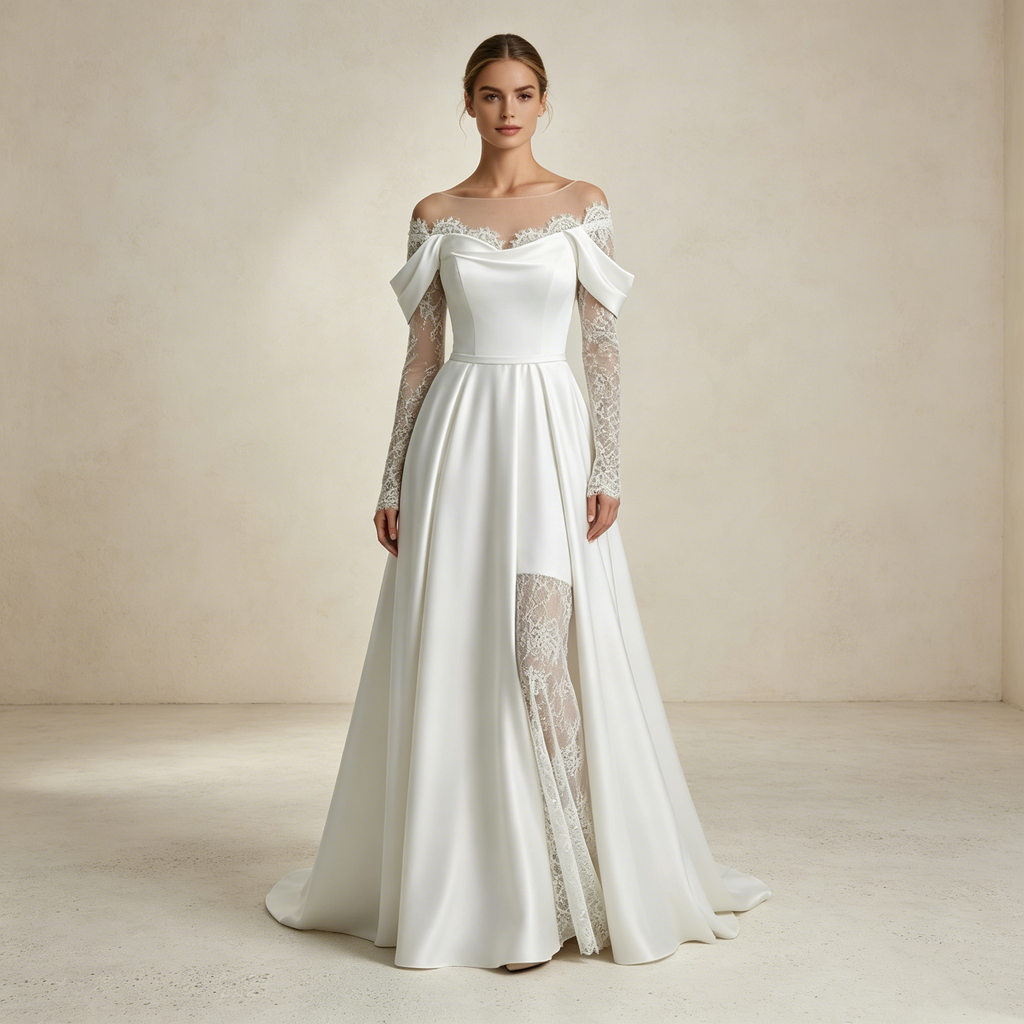 Edler Satin-Traum: Figurbetontes Mermaid-Kleid mit romantischer Spitze und femininer Off-Shoulder-Partie