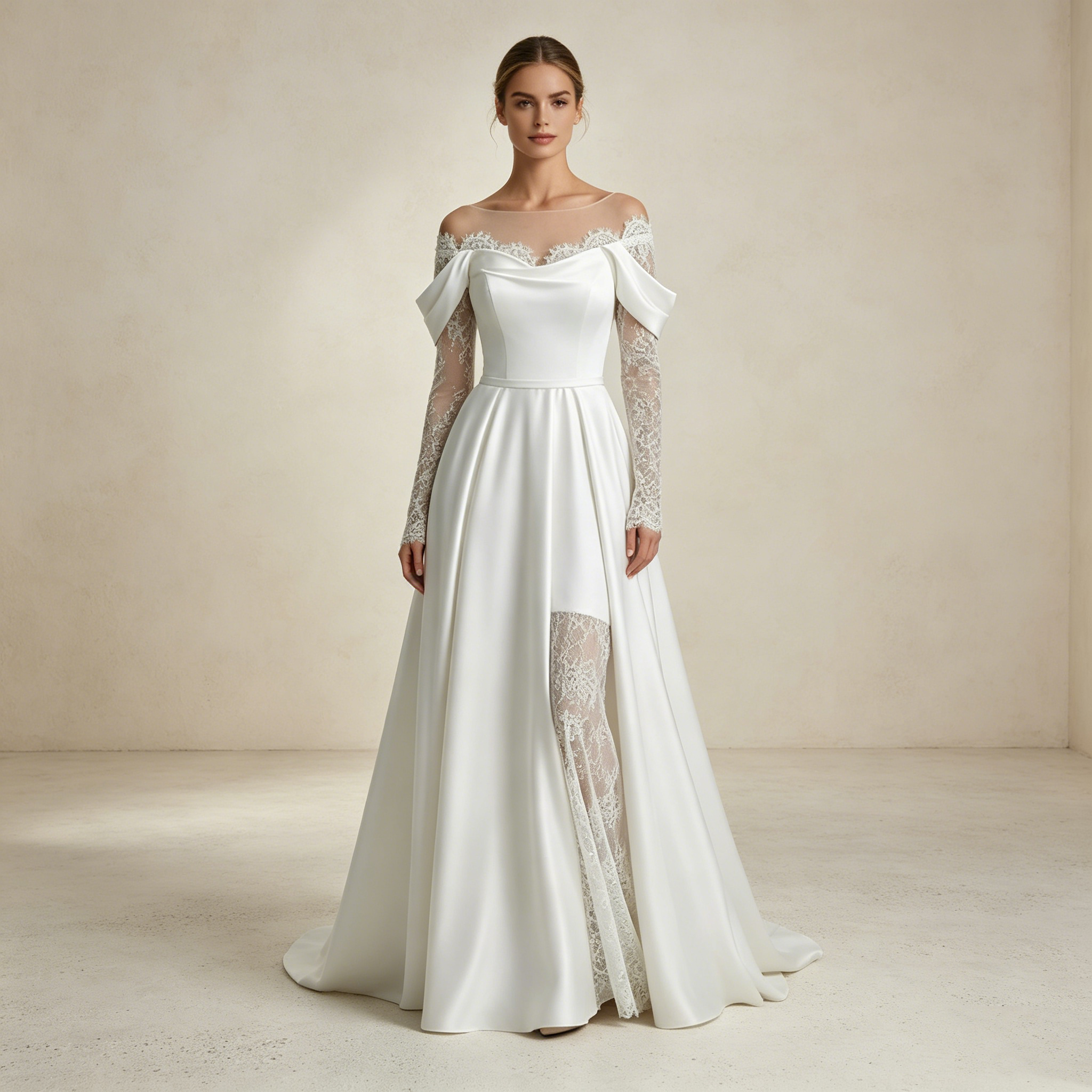 Edler Satin-Traum: Figurbetontes Mermaid-Kleid mit romantischer Spitze und femininer Off-Shoulder-Partie