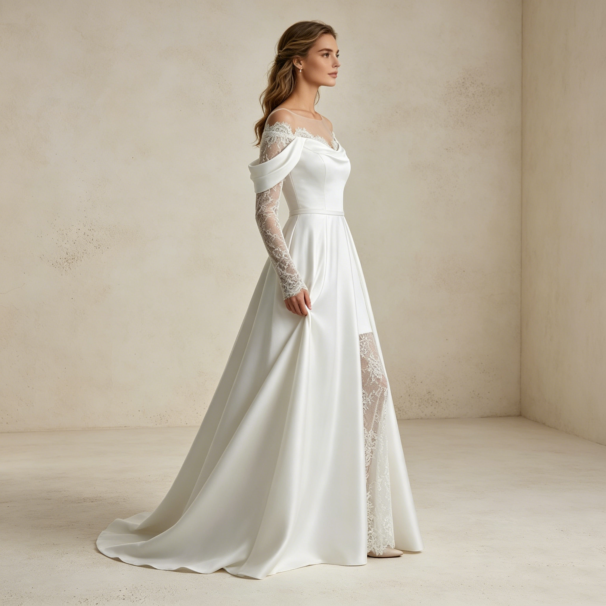Edler Satin-Traum: Figurbetontes Mermaid-Kleid mit romantischer Spitze und femininer Off-Shoulder-Partie