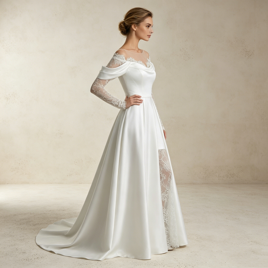 Edler Satin-Traum: Figurbetontes Mermaid-Kleid mit romantischer Spitze und femininer Off-Shoulder-Partie