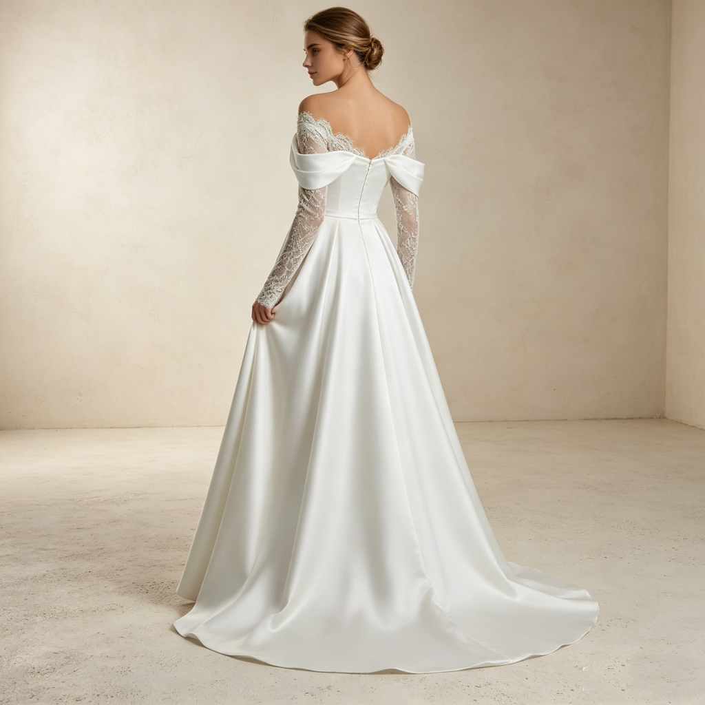 Edler Satin-Traum: Figurbetontes Mermaid-Kleid mit romantischer Spitze und femininer Off-Shoulder-Partie