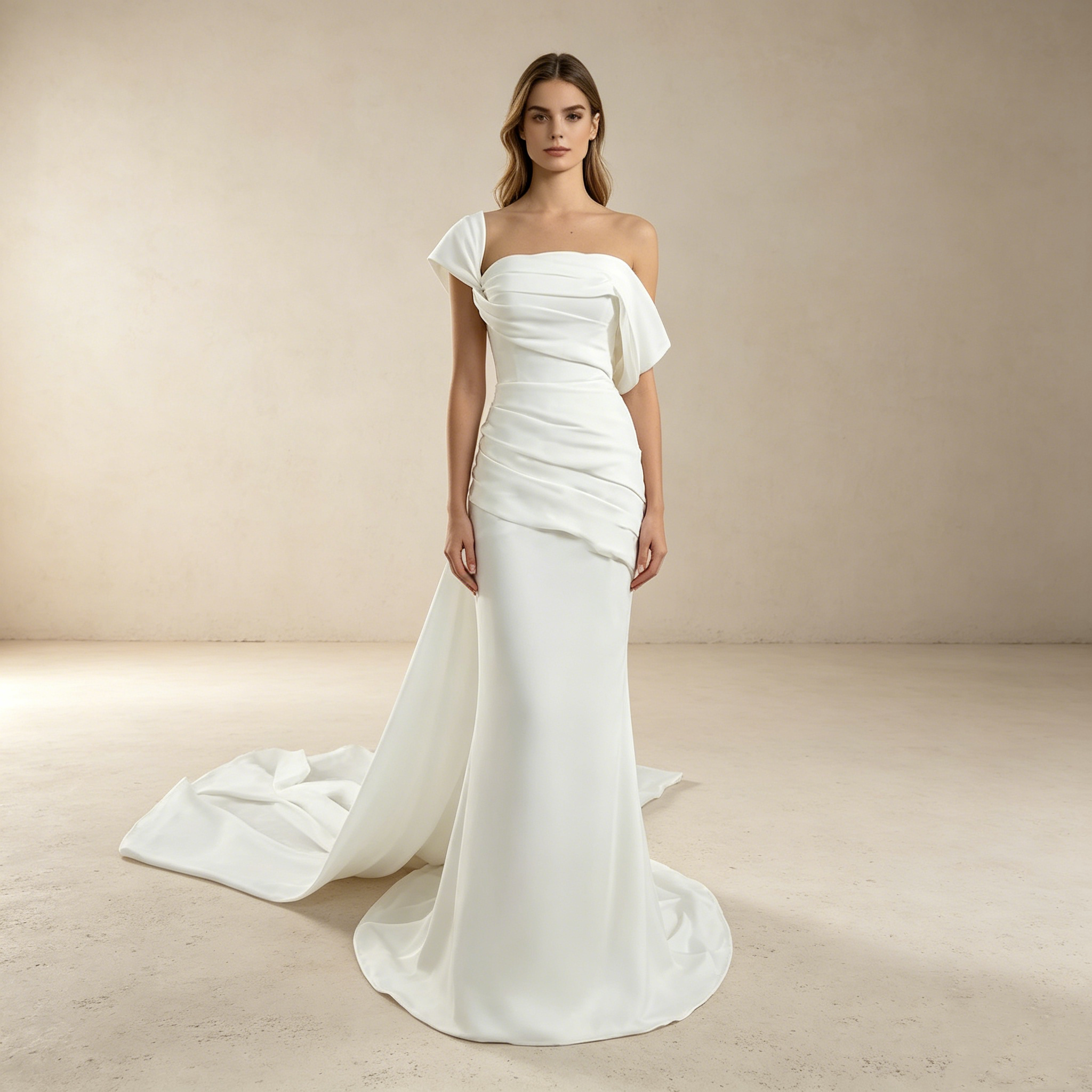 Skulpturale Eleganz: Figurbetontes Mermaid-Kleid mit edler Raffung und glamouröser Off-Shoulder-Partie