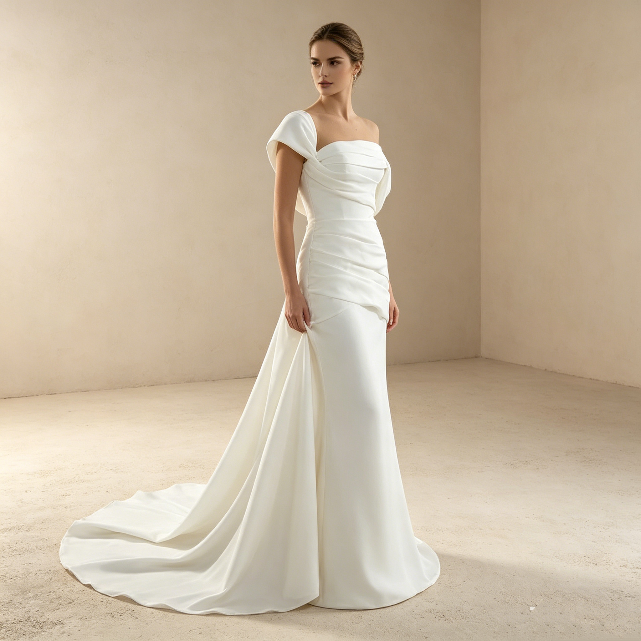 Skulpturale Eleganz: Figurbetontes Mermaid-Kleid mit edler Raffung und glamouröser Off-Shoulder-Partie