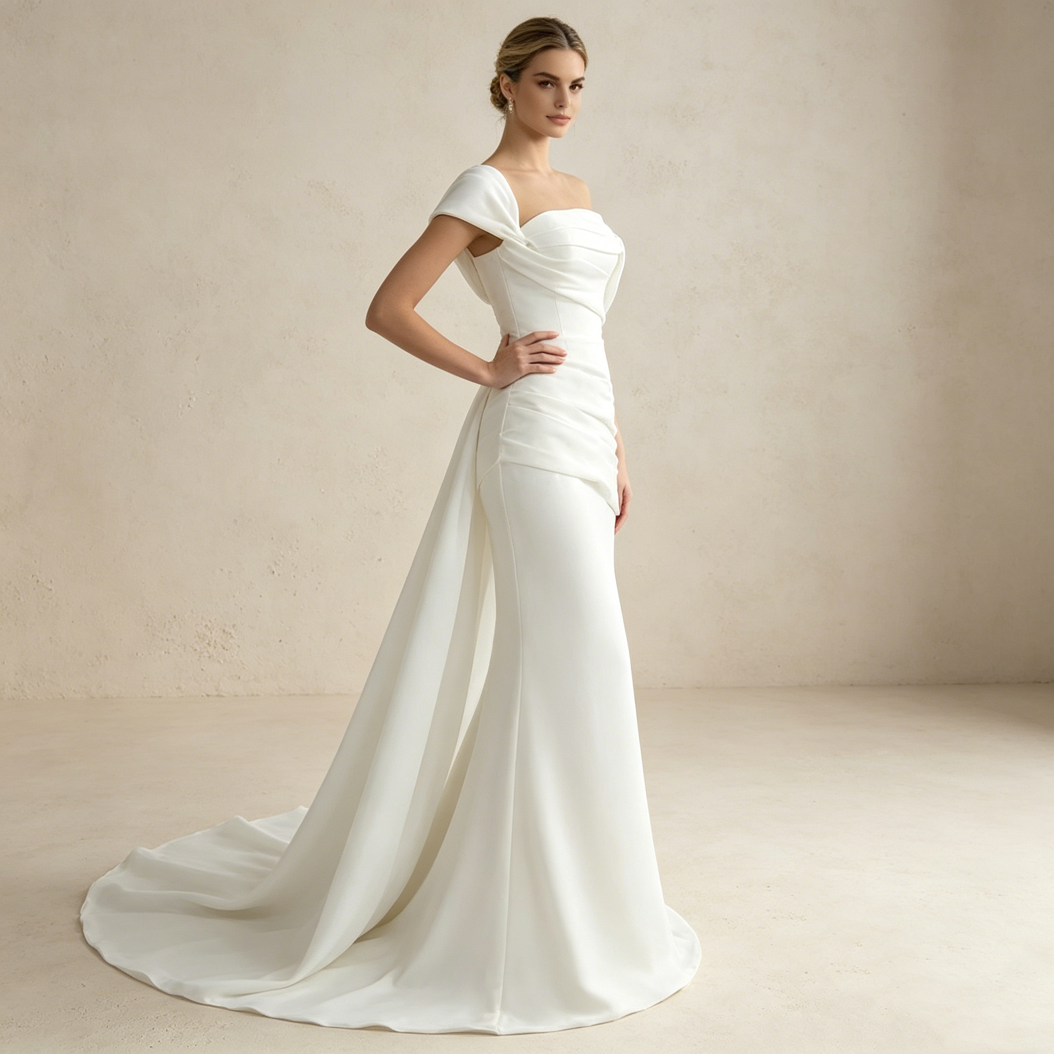 Skulpturale Eleganz: Figurbetontes Mermaid-Kleid mit edler Raffung und glamouröser Off-Shoulder-Partie