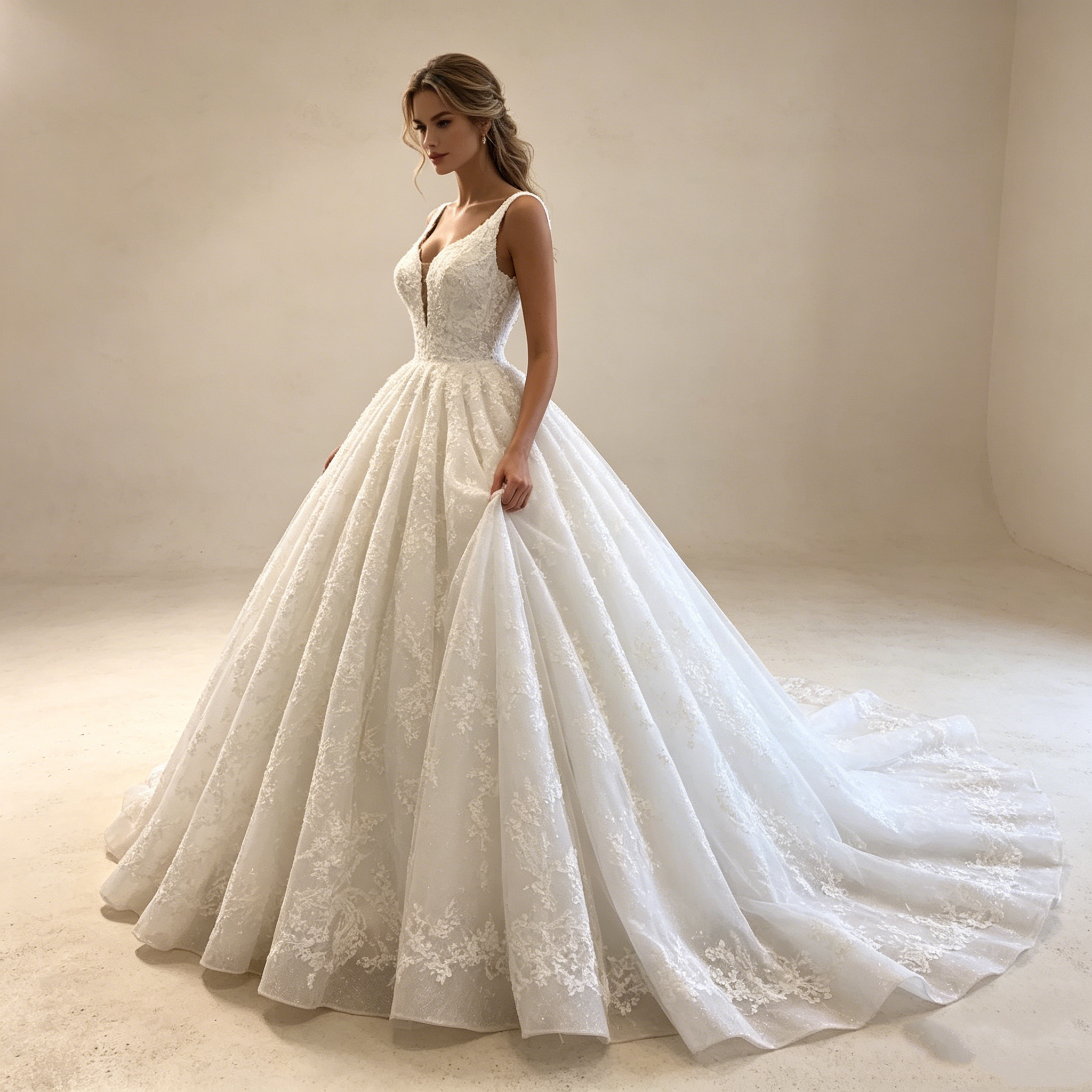 Moderne Prinzessinnen-Robe: Voluminöse A-Linie in Reinweiß mit zeitgemäßer Spitzen-Verzierung