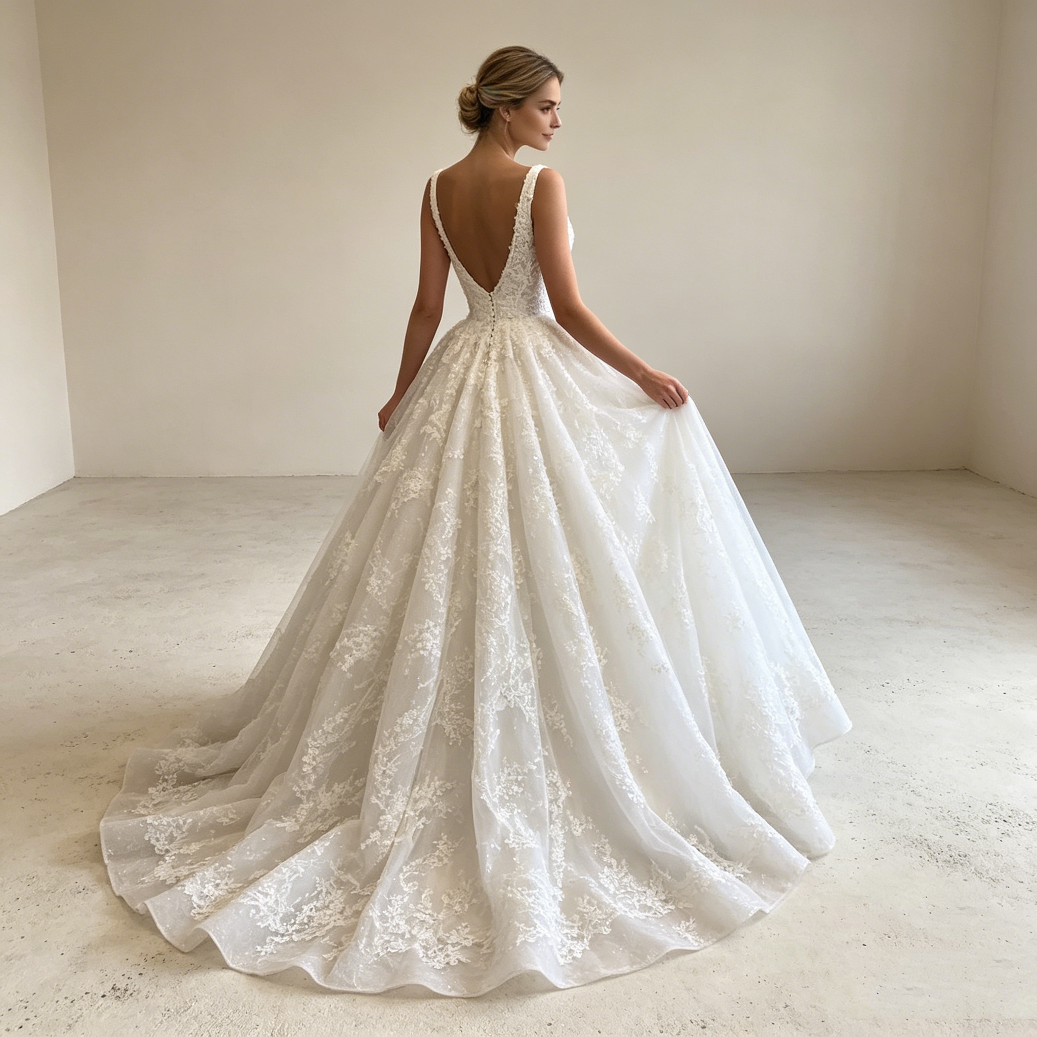 Moderne Prinzessinnen-Robe: Voluminöse A-Linie in Reinweiß mit zeitgemäßer Spitzen-Verzierung