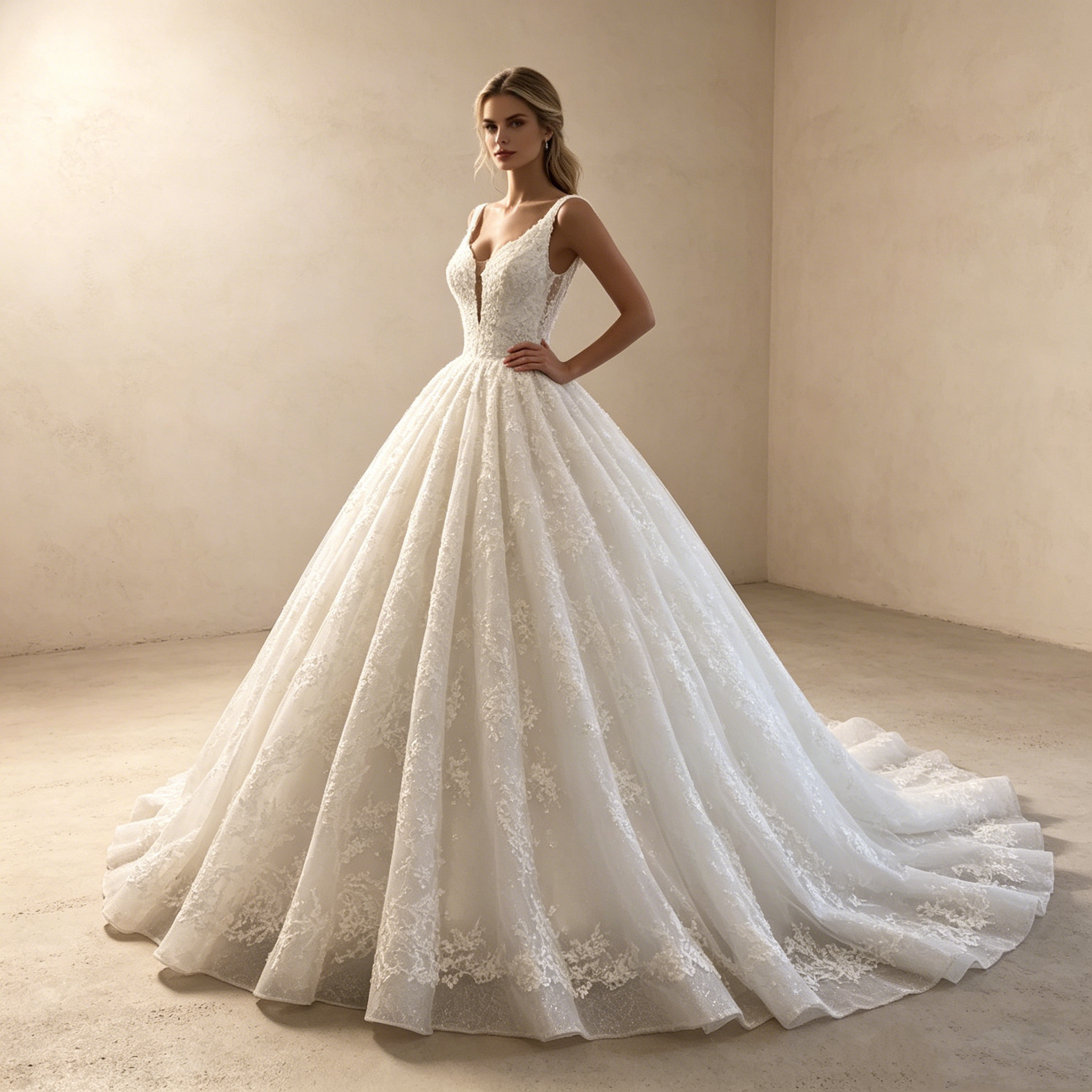 Moderne Prinzessinnen-Robe: Voluminöse A-Linie in Reinweiß mit zeitgemäßer Spitzen-Verzierung