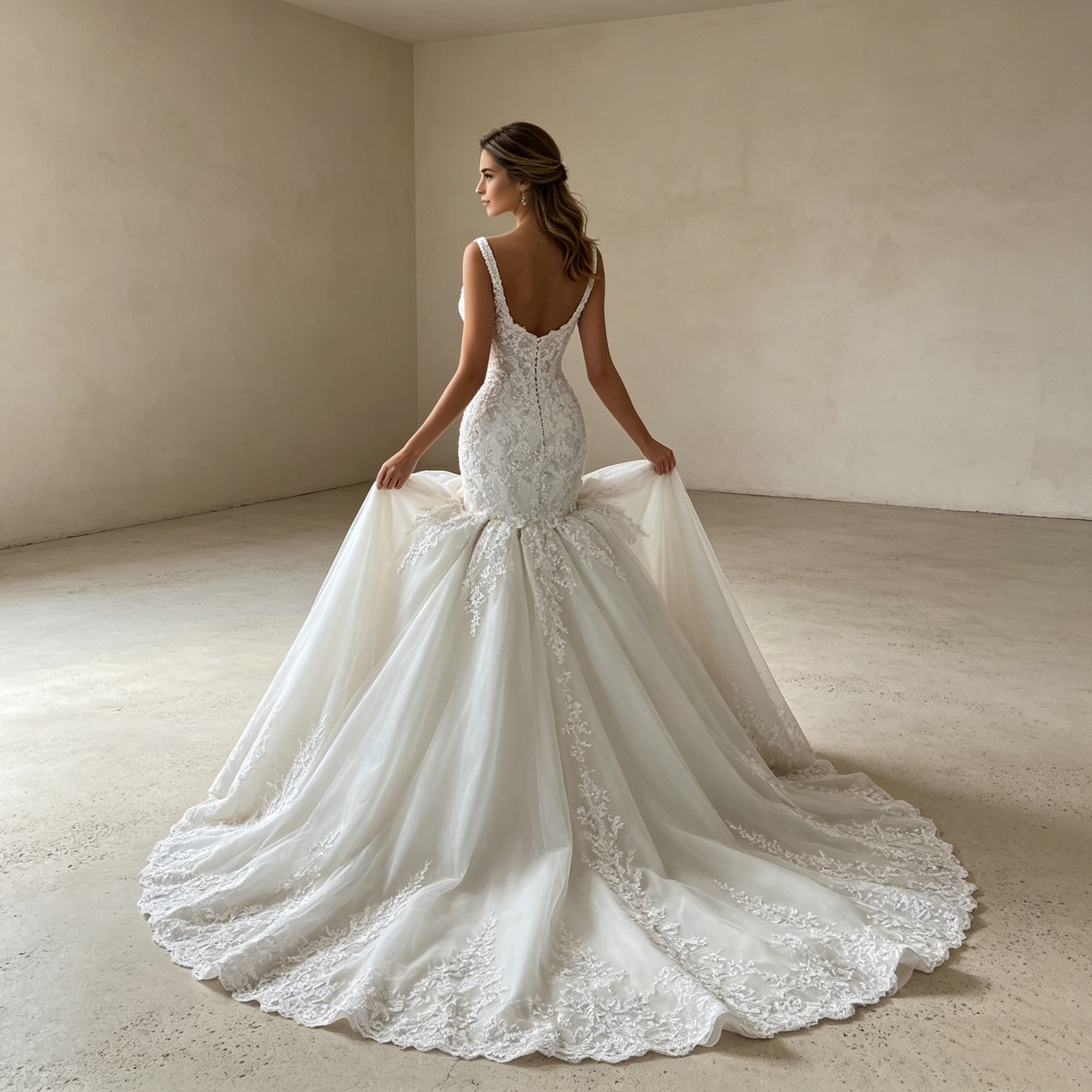 Moderne Spitzenkunst: Bodenlanges Meerjungfrau-Kleid in softem Creme – Der neue Look für exklusive Events