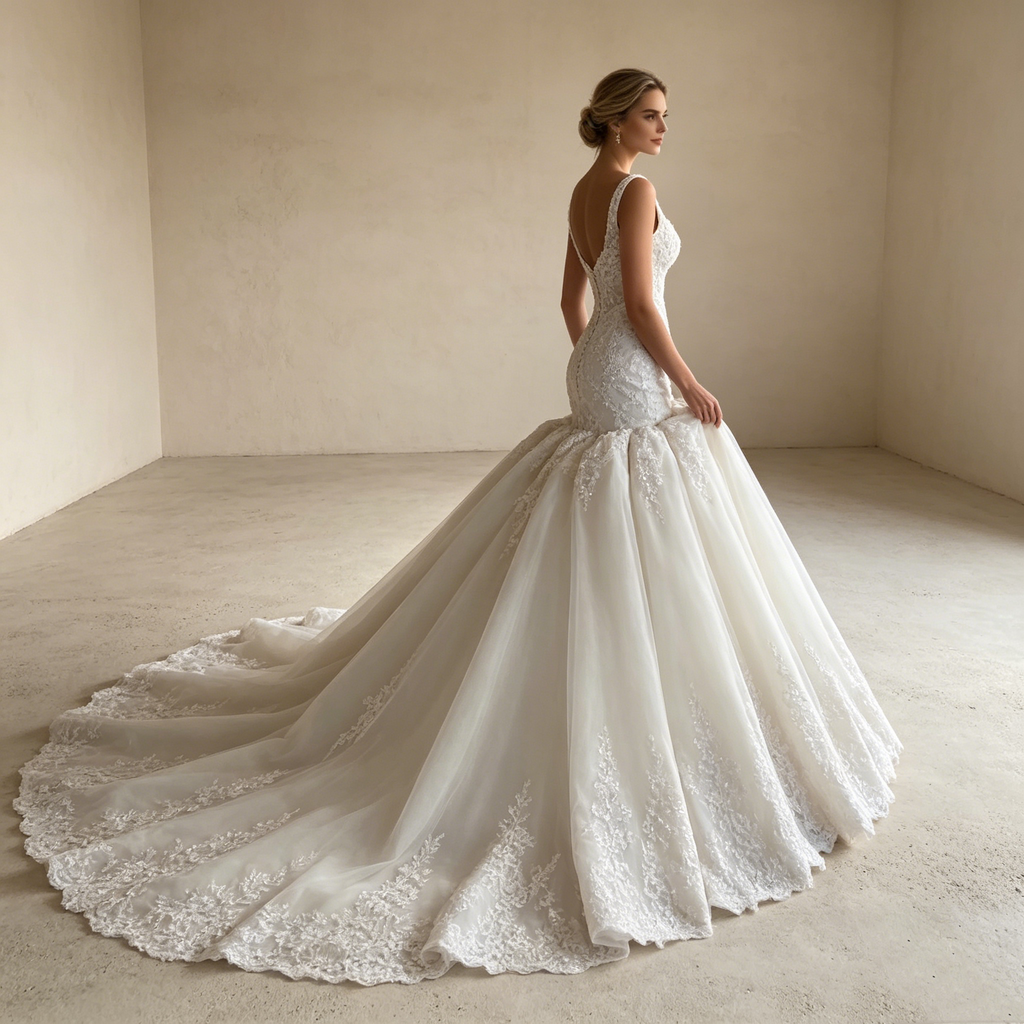 Moderne Spitzenkunst: Bodenlanges Meerjungfrau-Kleid in softem Creme – Der neue Look für exklusive Events