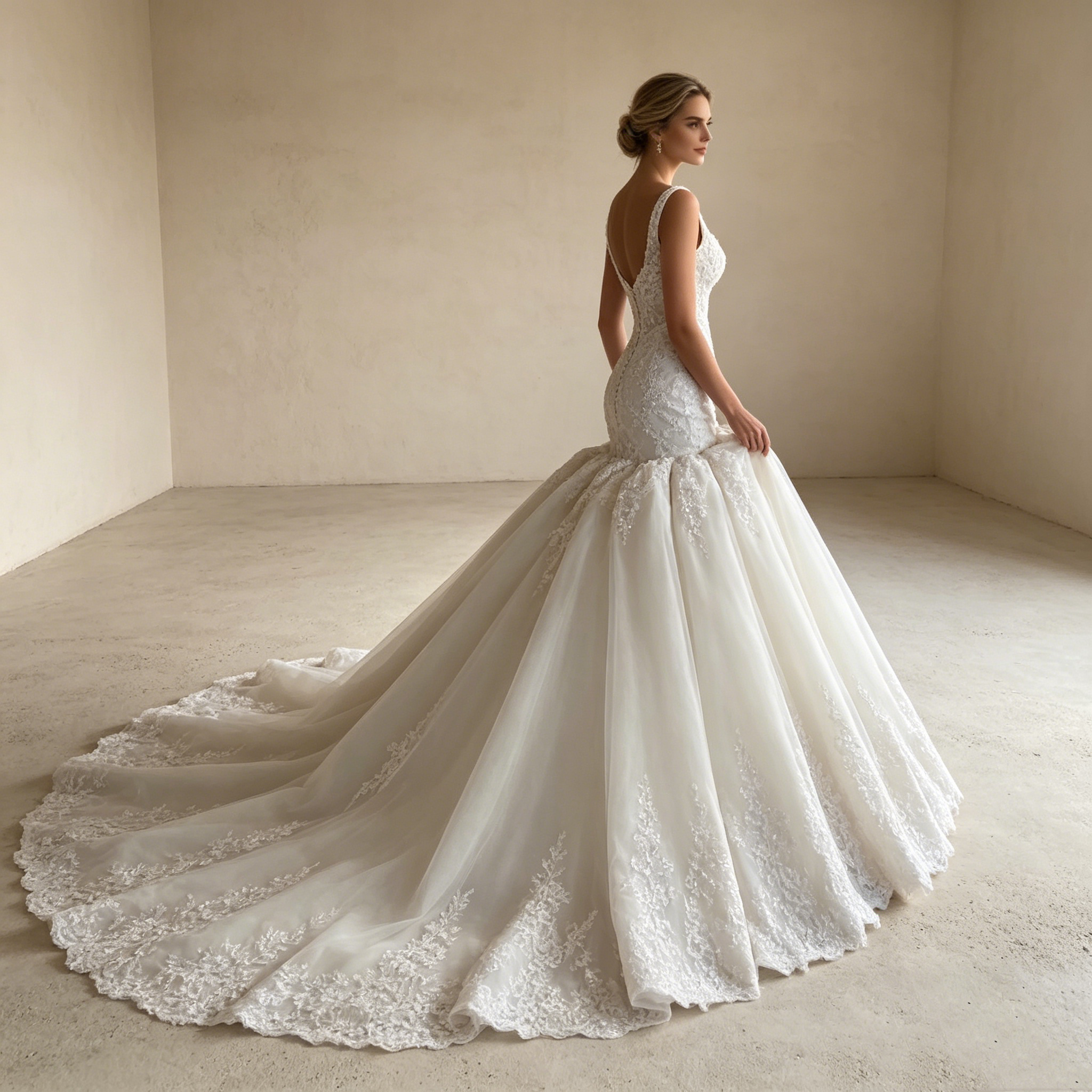 Moderne Spitzenkunst: Bodenlanges Meerjungfrau-Kleid in softem Creme – Der neue Look für exklusive Events