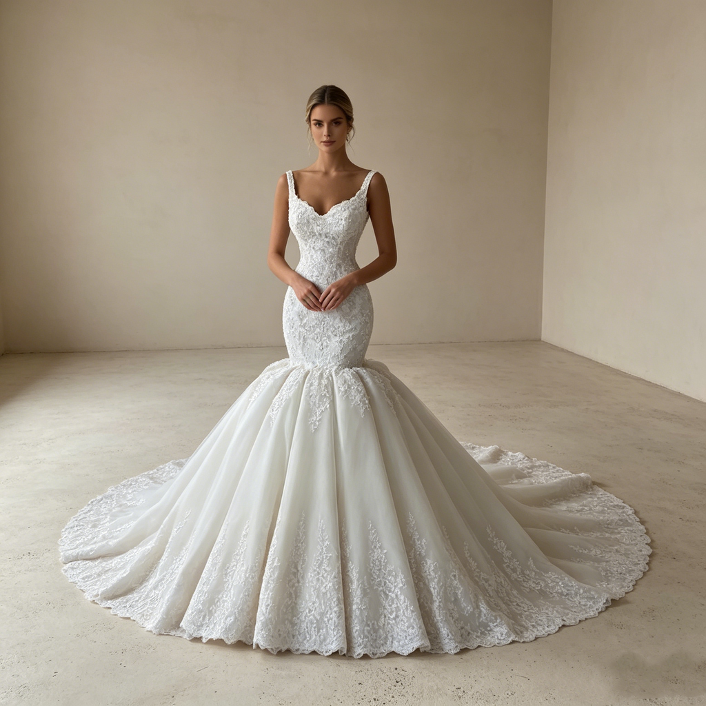 Moderne Spitzenkunst: Bodenlanges Meerjungfrau-Kleid in softem Creme – Der neue Look für exklusive Events