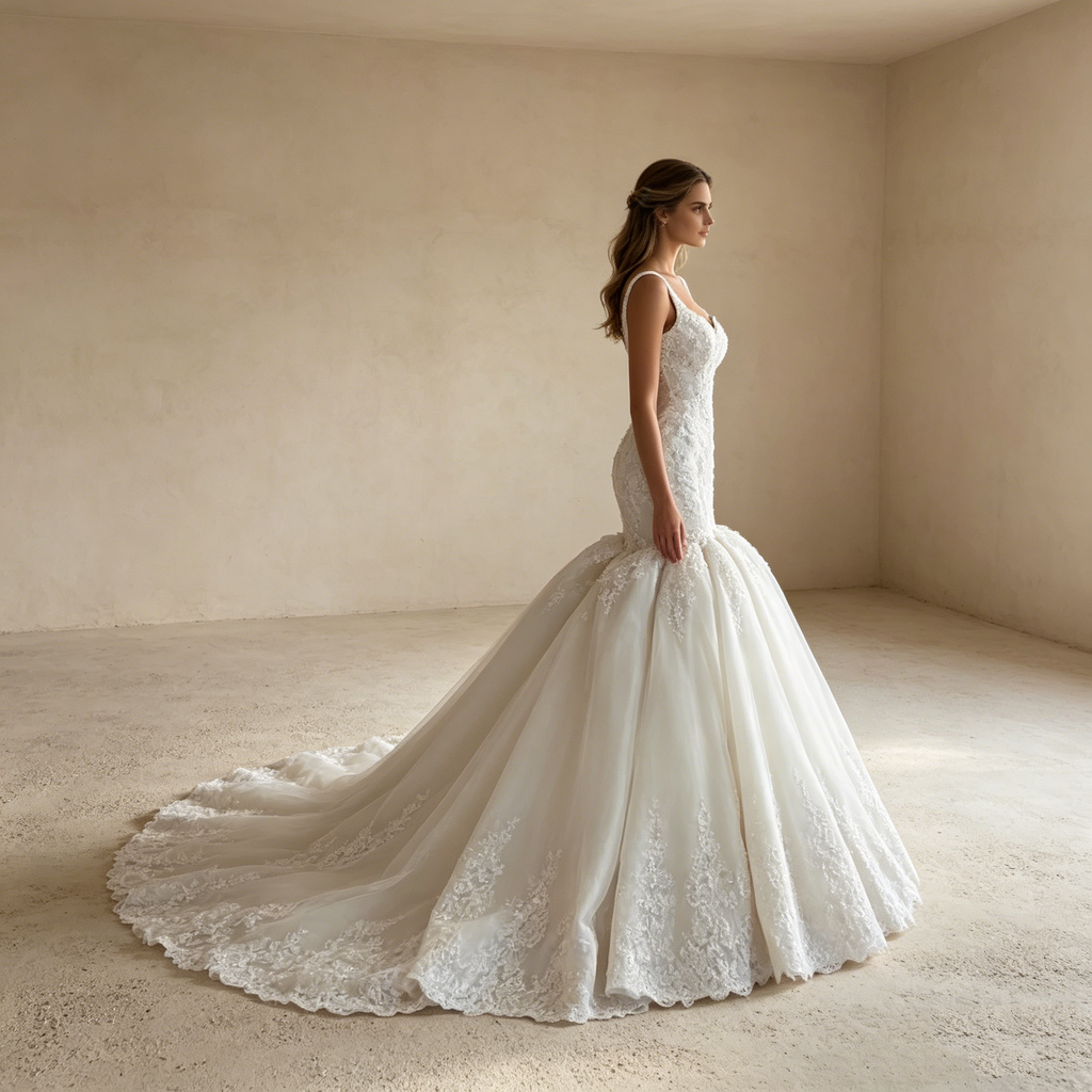 Moderne Spitzenkunst: Bodenlanges Meerjungfrau-Kleid in softem Creme – Der neue Look für exklusive Events