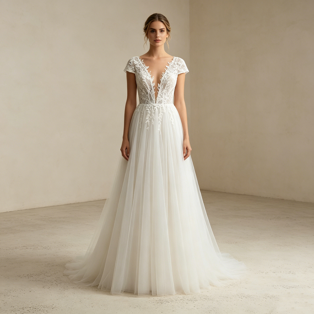 Elfenhafter Look: Bodenlanges A-Linien-Kleid aus Tüll mit sexy V-Neck und dezenter, mitschwingender Schleppe