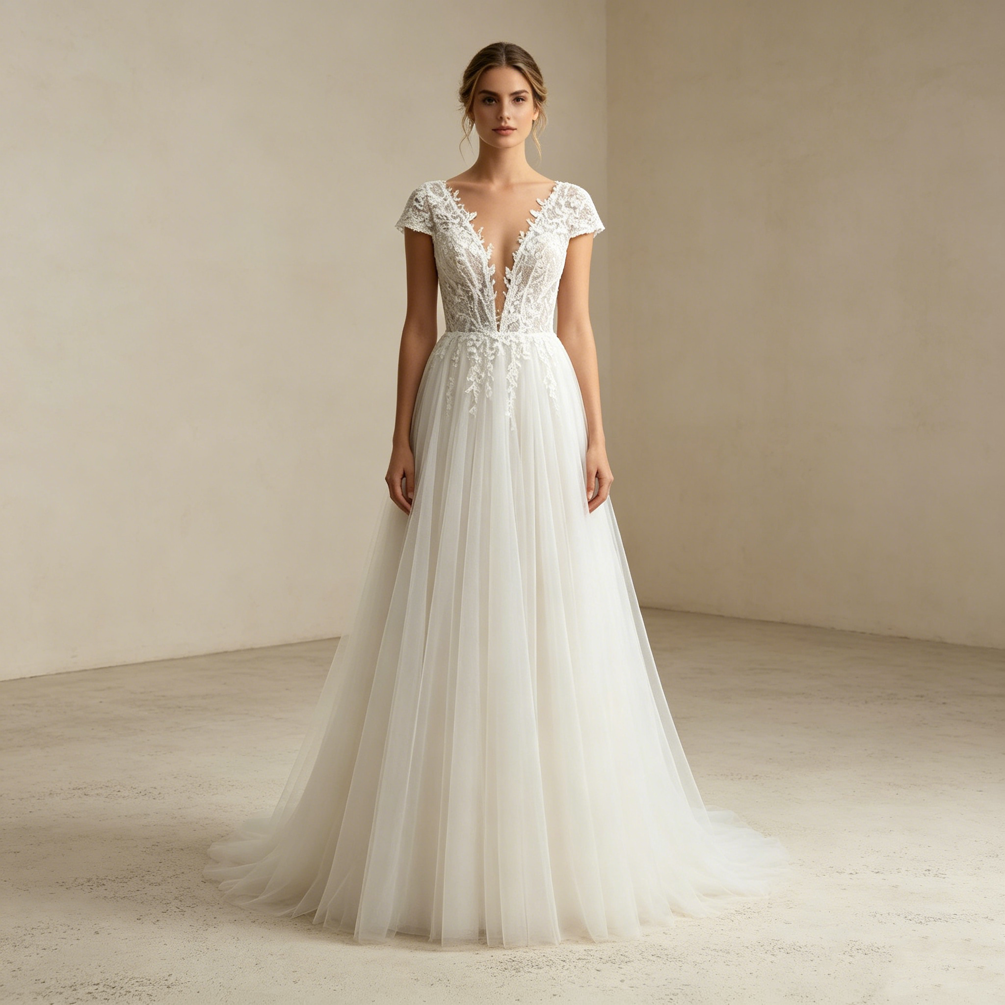 Elfenhafter Look: Bodenlanges A-Linien-Kleid aus Tüll mit sexy V-Neck und dezenter, mitschwingender Schleppe