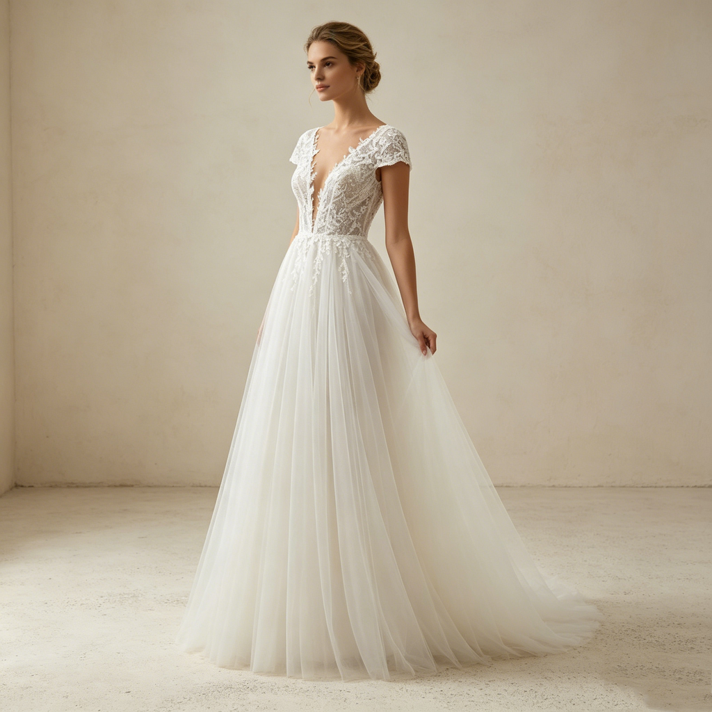 Elfenhafter Look: Bodenlanges A-Linien-Kleid aus Tüll mit sexy V-Neck und dezenter, mitschwingender Schleppe
